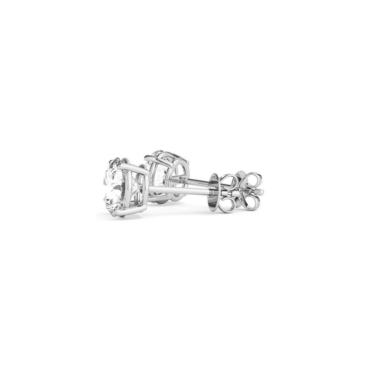 A pair of 14k white gold round lab-grown diamond stud earrings with push backs.