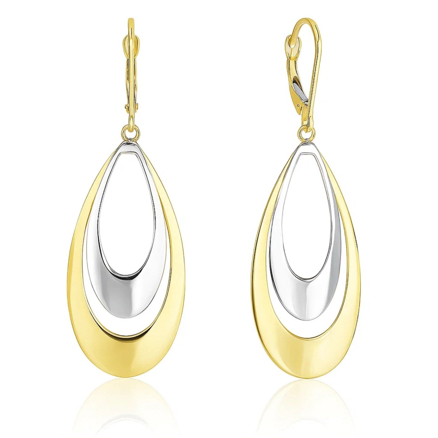 14k two-tone gold graduated open double teardrop earrings with lever backs.