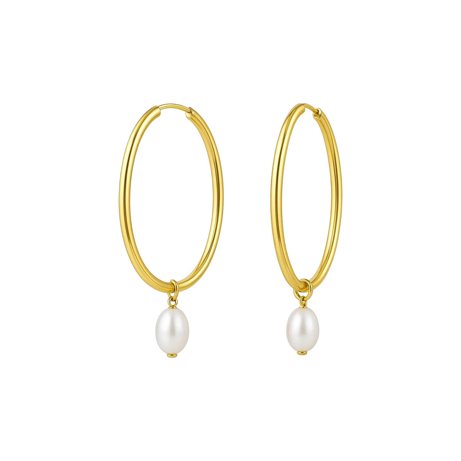 14K yellow gold oval hoop earrings with a single freshwater pearl drop.
