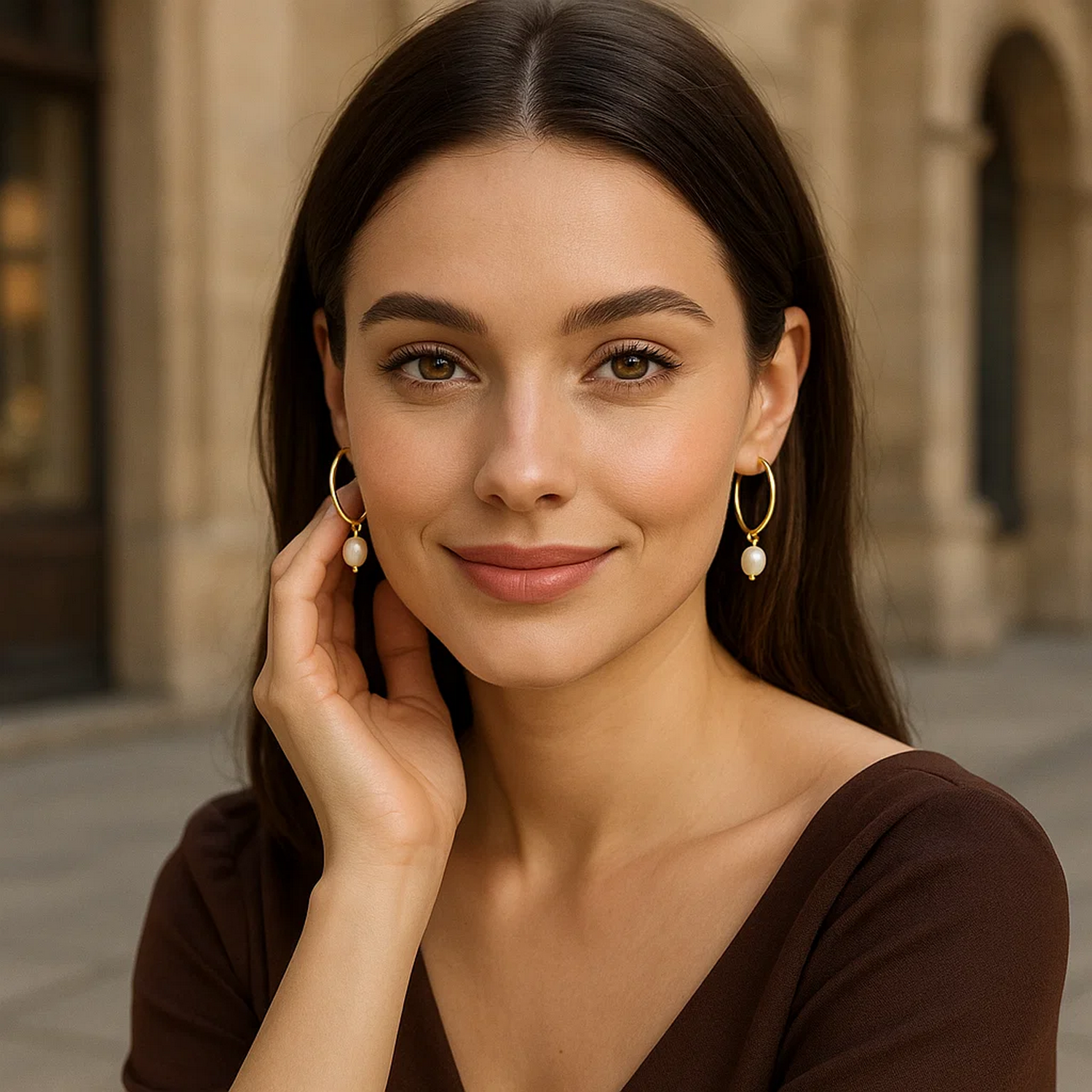 Pearl Drop Oval Earrings in 14K Yellow Gold on a woman.