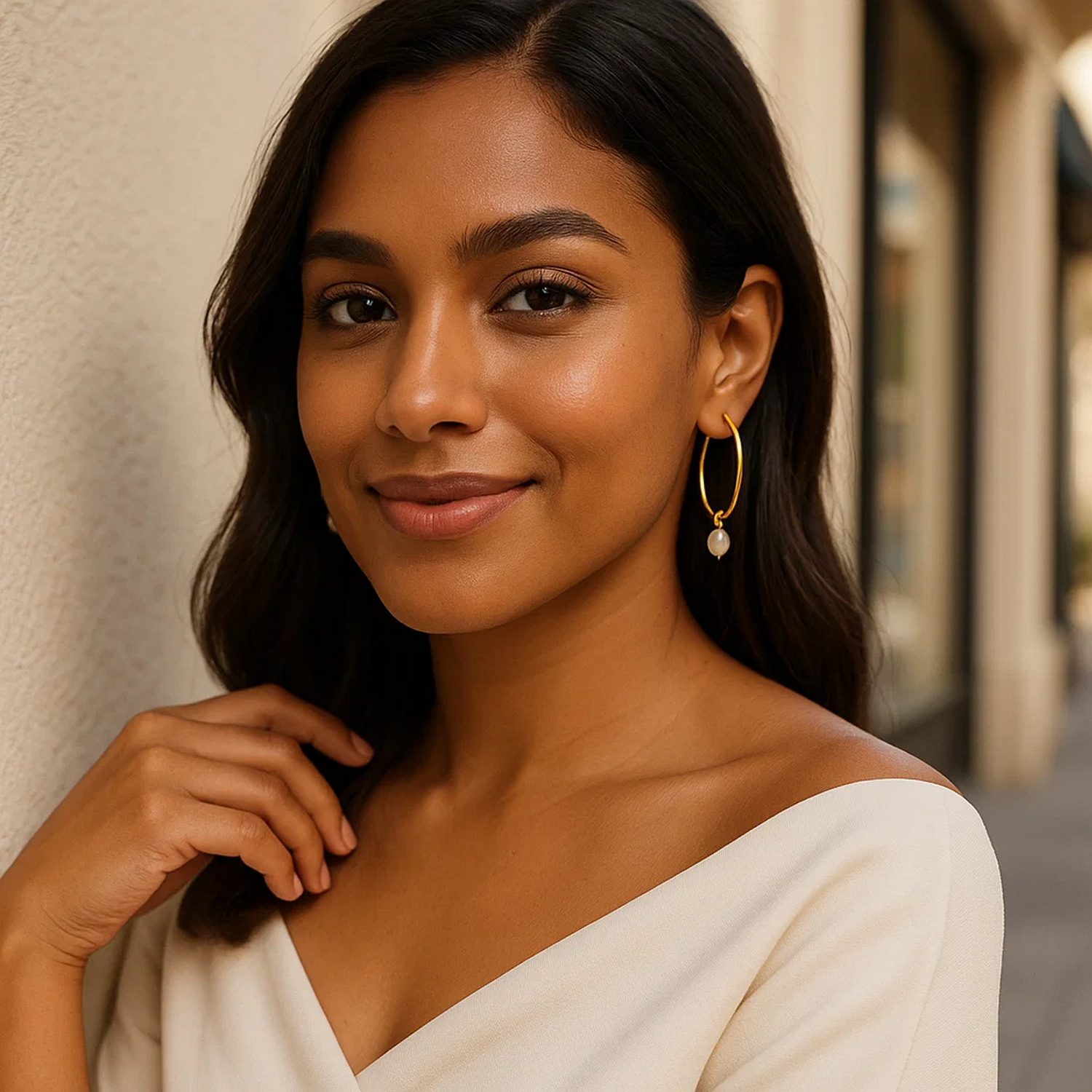 Pearl Drop Oval Earrings in 14K Yellow Gold on a woman.