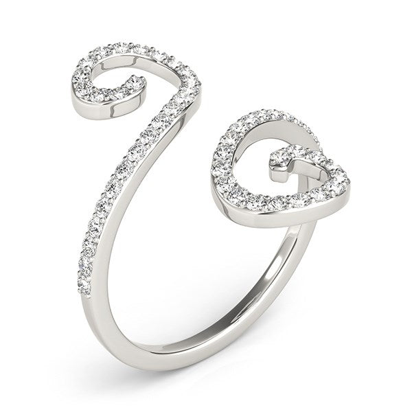 14k white gold open flourish style ring with 52 round diamonds.