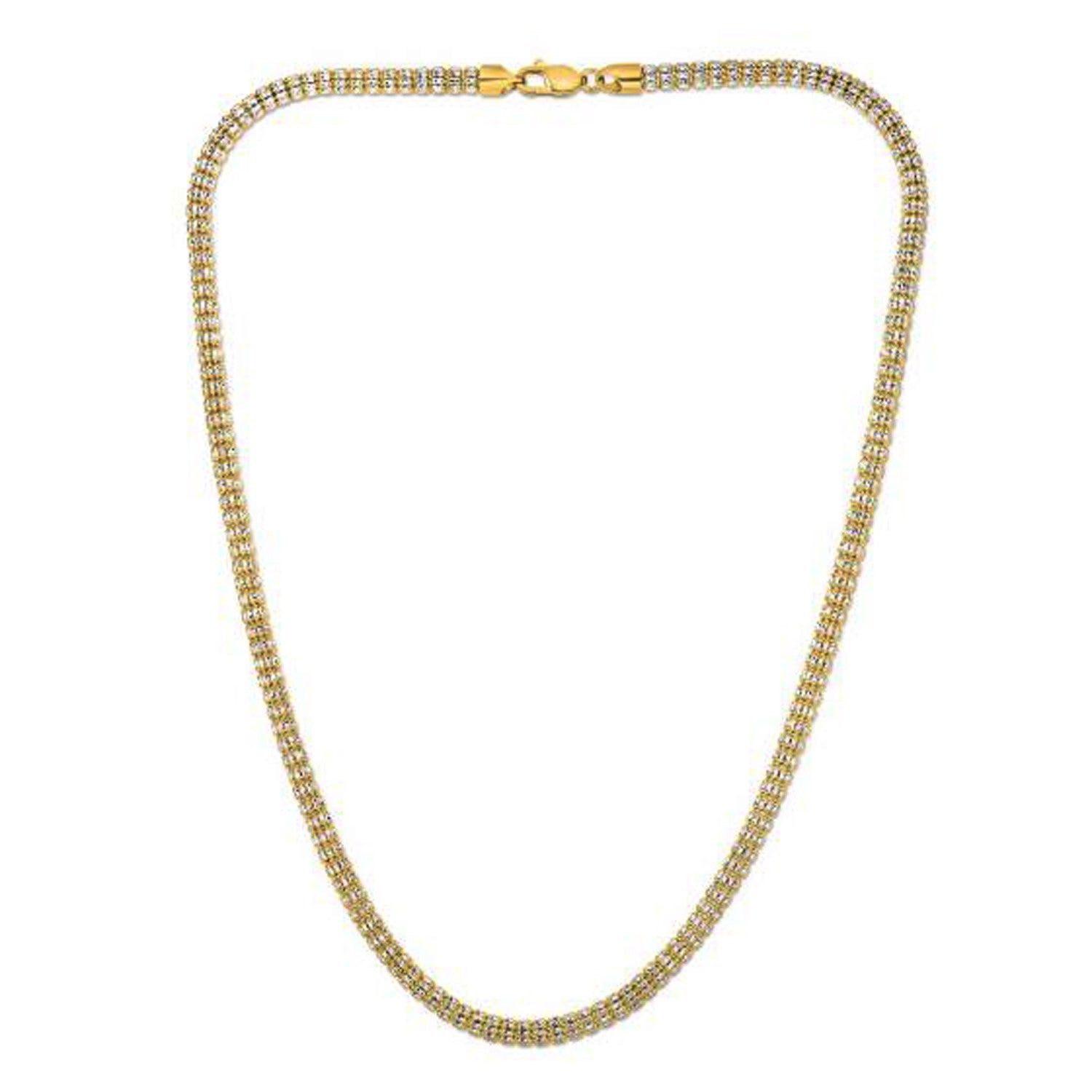 A yellow gold barrel link chain with a lobster clasp.