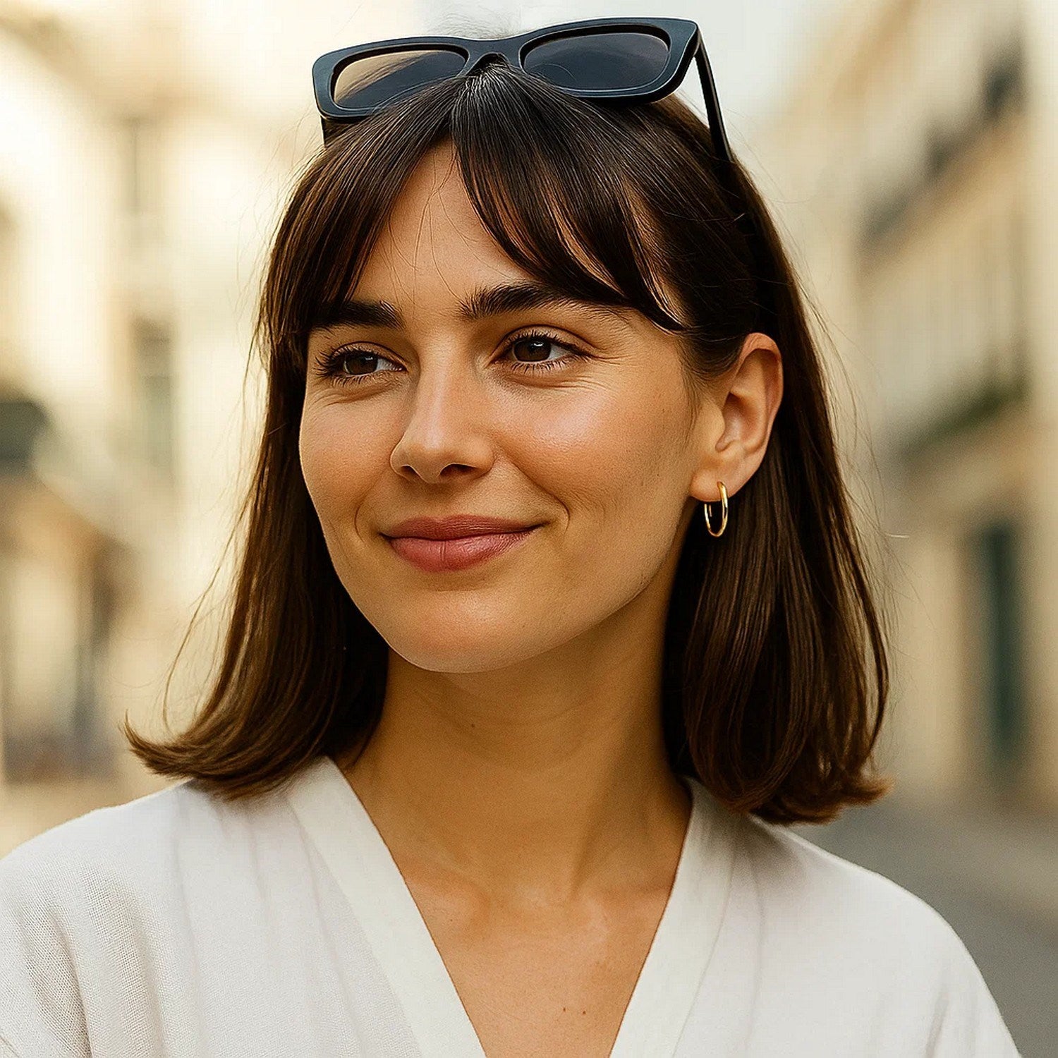 10k yellow gold polished endless hoop earrings on a woman.