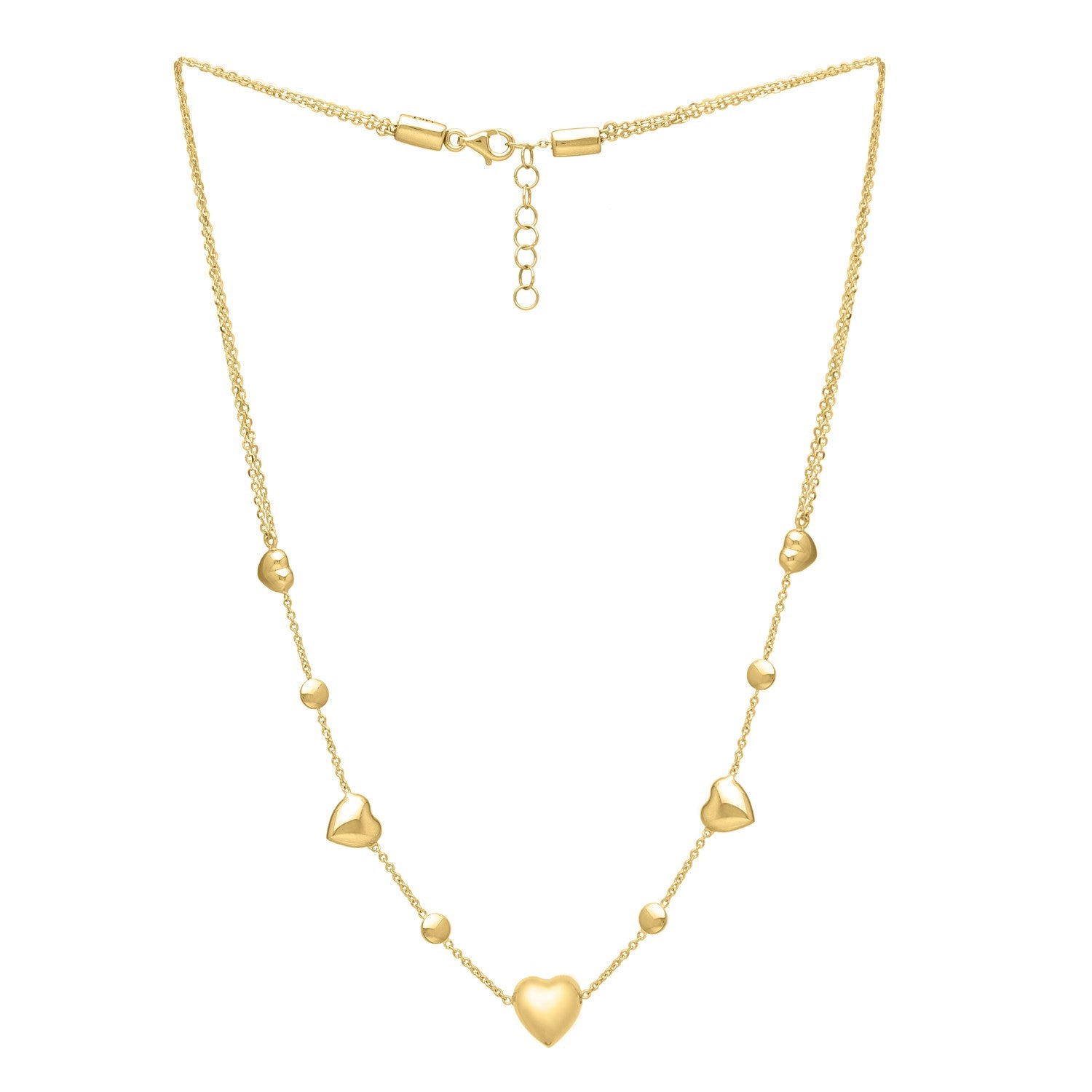 14k yellow gold puff heart adjustable necklace with multiple hearts and beads.