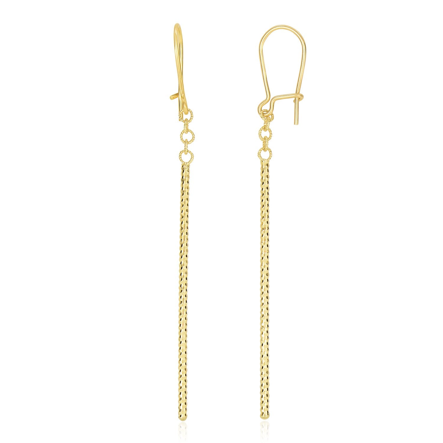 14k yellow gold long bar diamond cut drop earrings with lever backs.