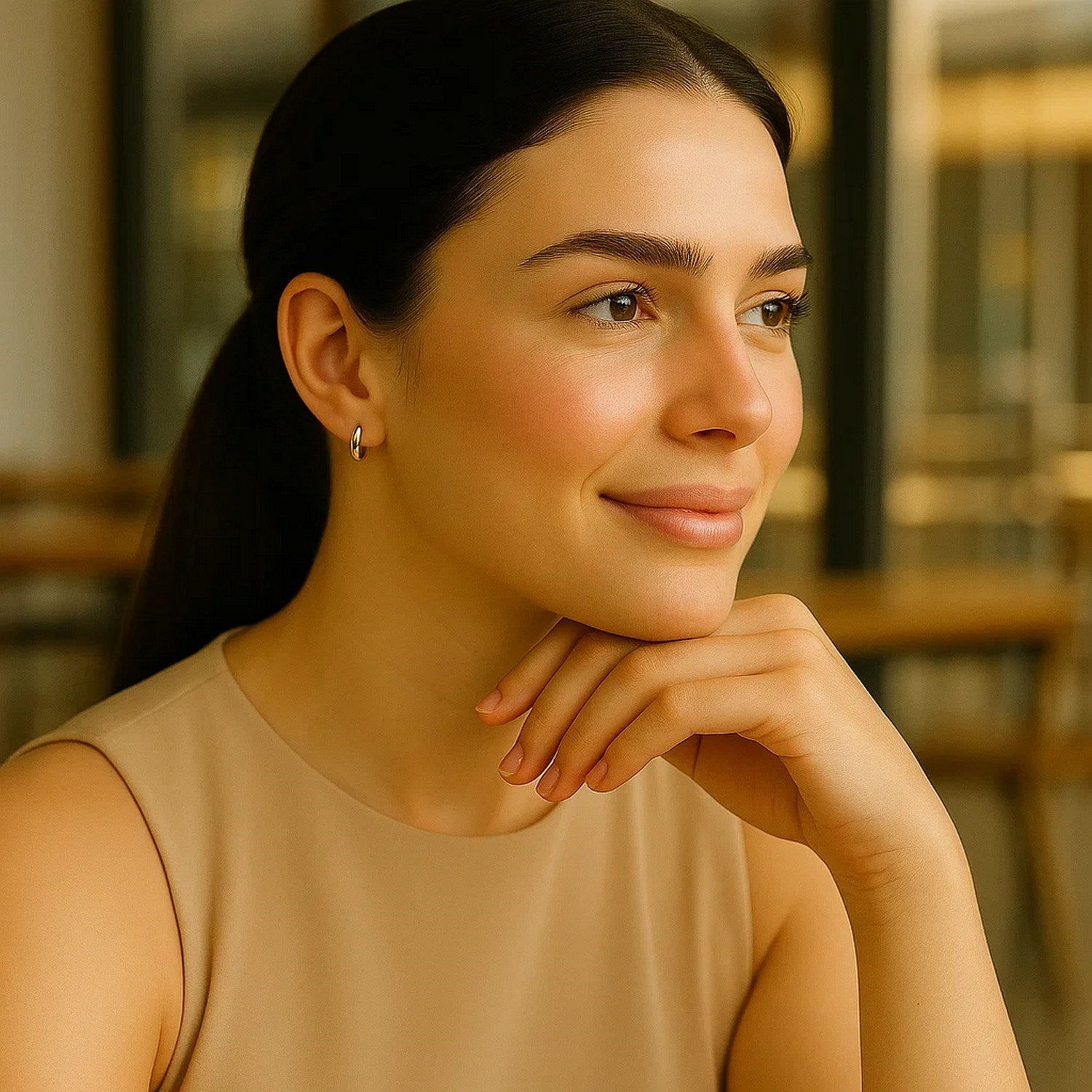 10k yellow gold polished hoop earrings on a woman's ear.