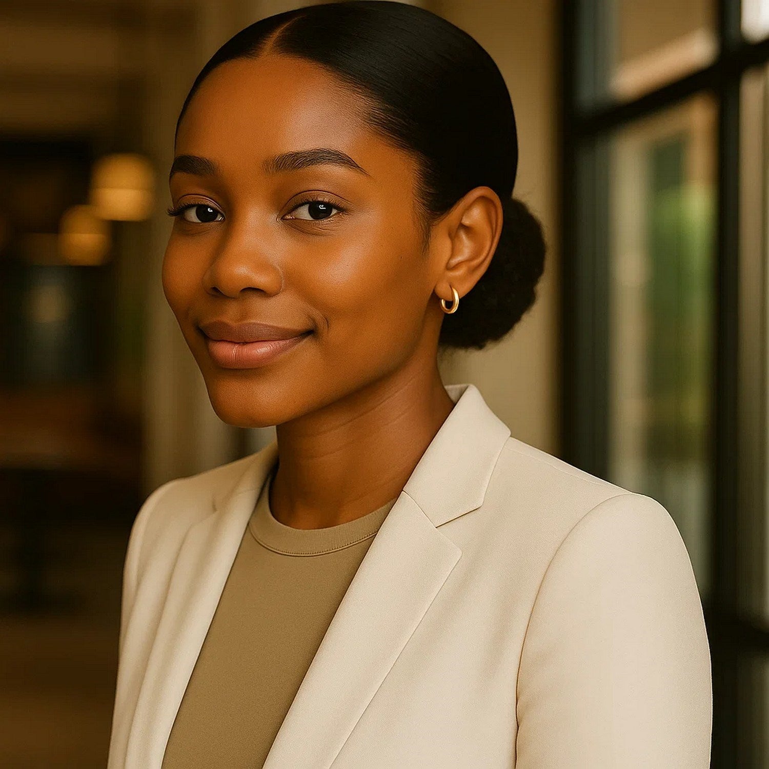 10k yellow gold polished hoop earrings on a woman with dark hair and a cream blazer.
