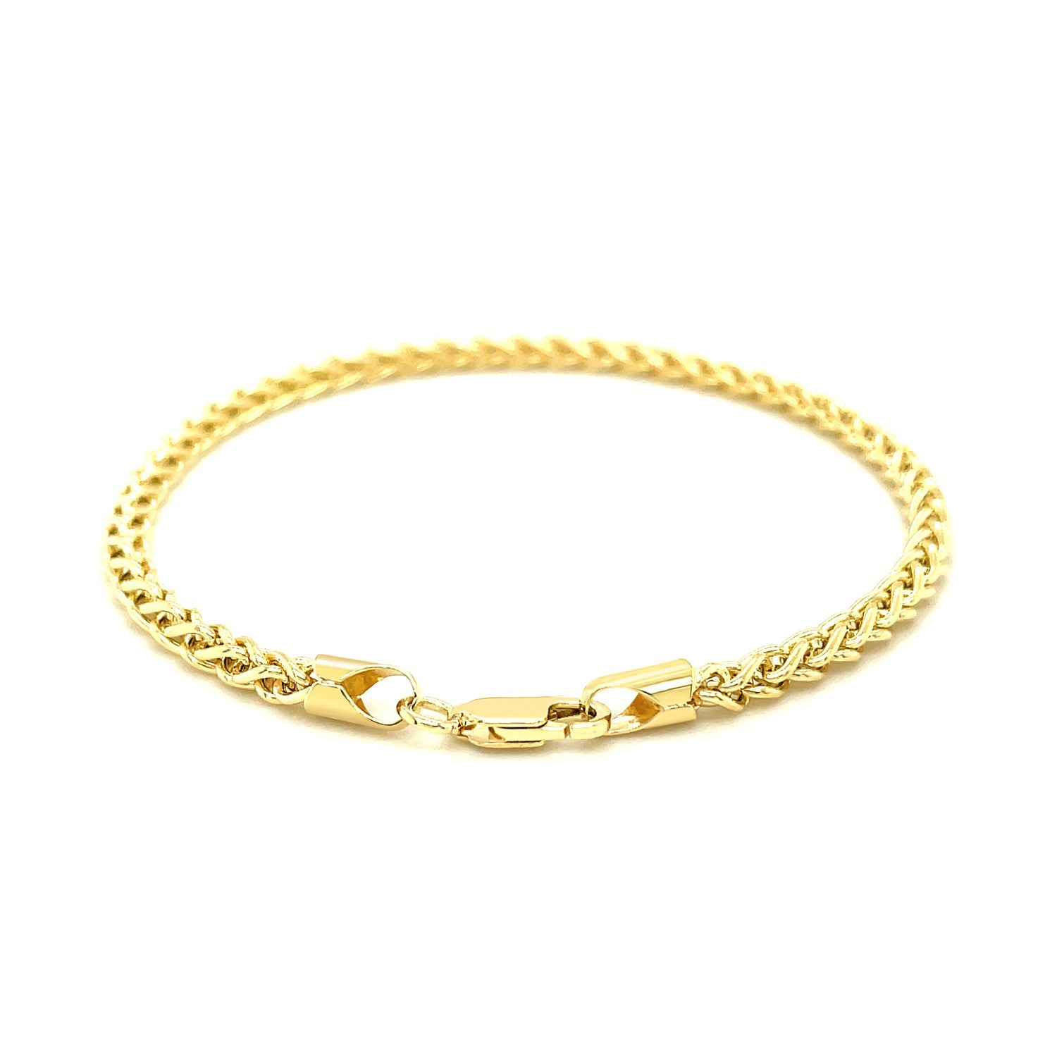 14k yellow gold light wheat bracelet with a lobster clasp.