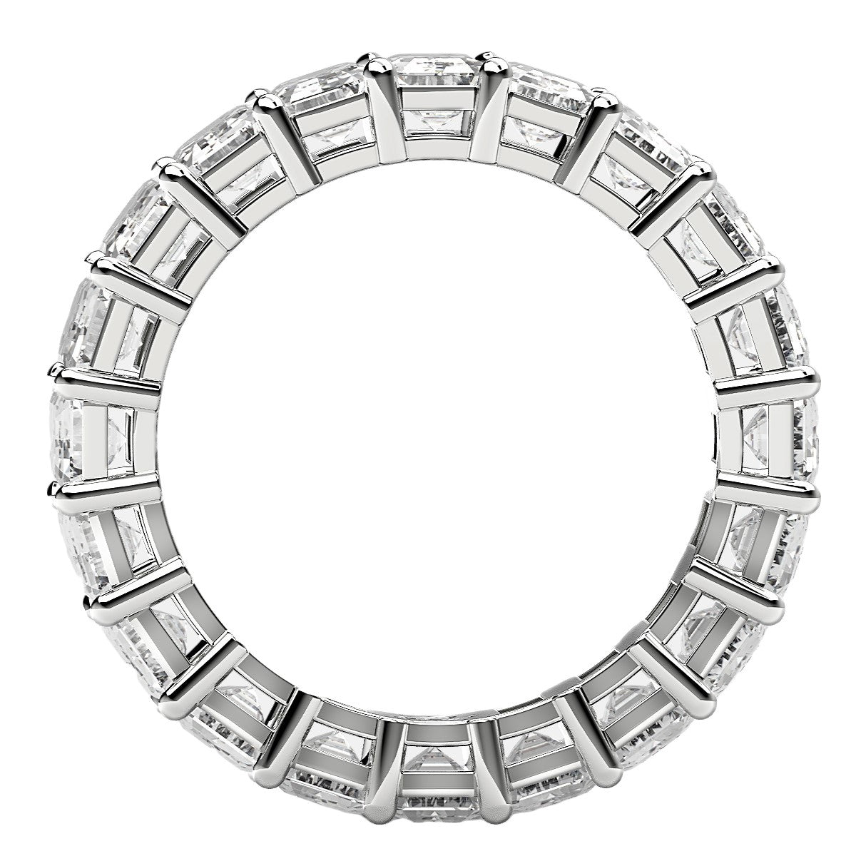 Emerald cut lab grown diamond eternity ring in 14k white gold.