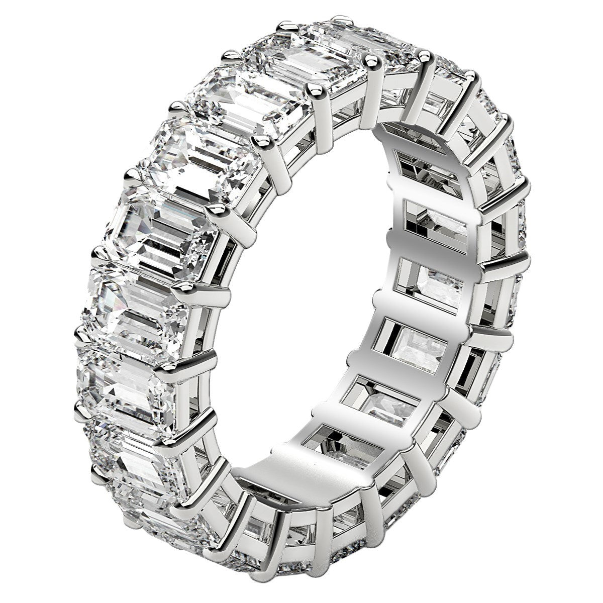 Emerald cut lab grown diamond eternity ring in 14k white gold.