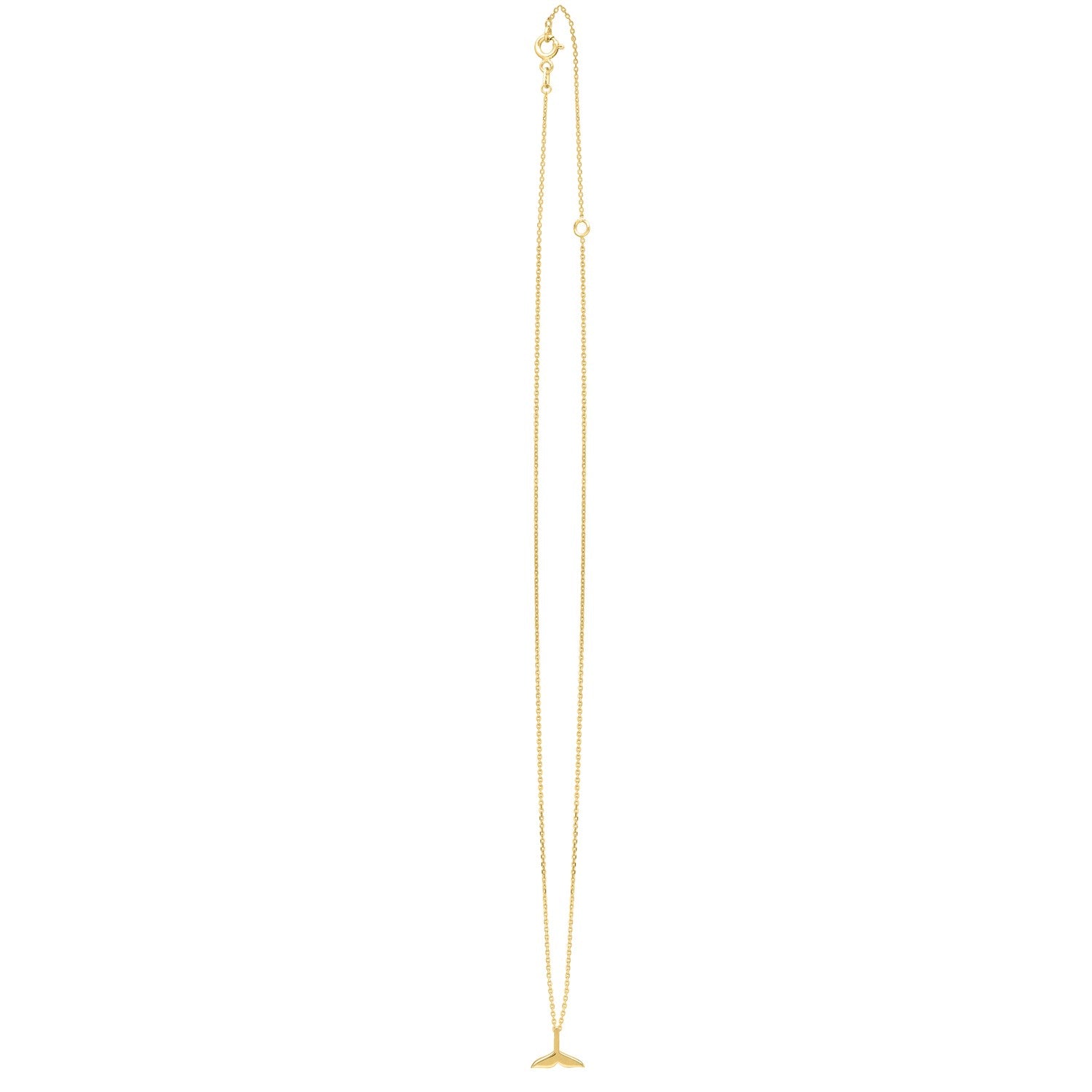 A 14K yellow gold whale tail necklace with a spring ring clasp.