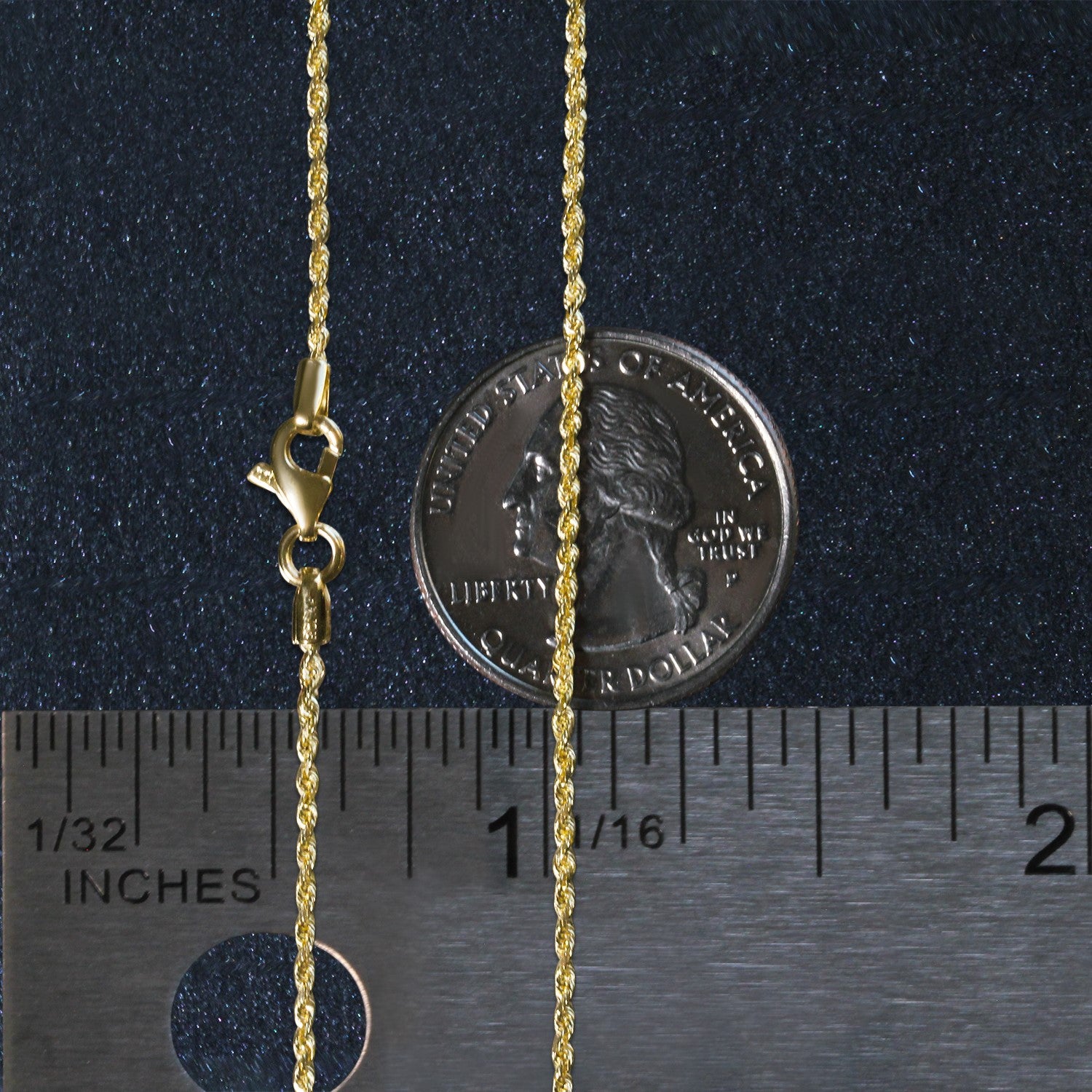 A 10k yellow gold solid diamond cut rope chain, 1.40 mm wide, shown with a ruler and coin.