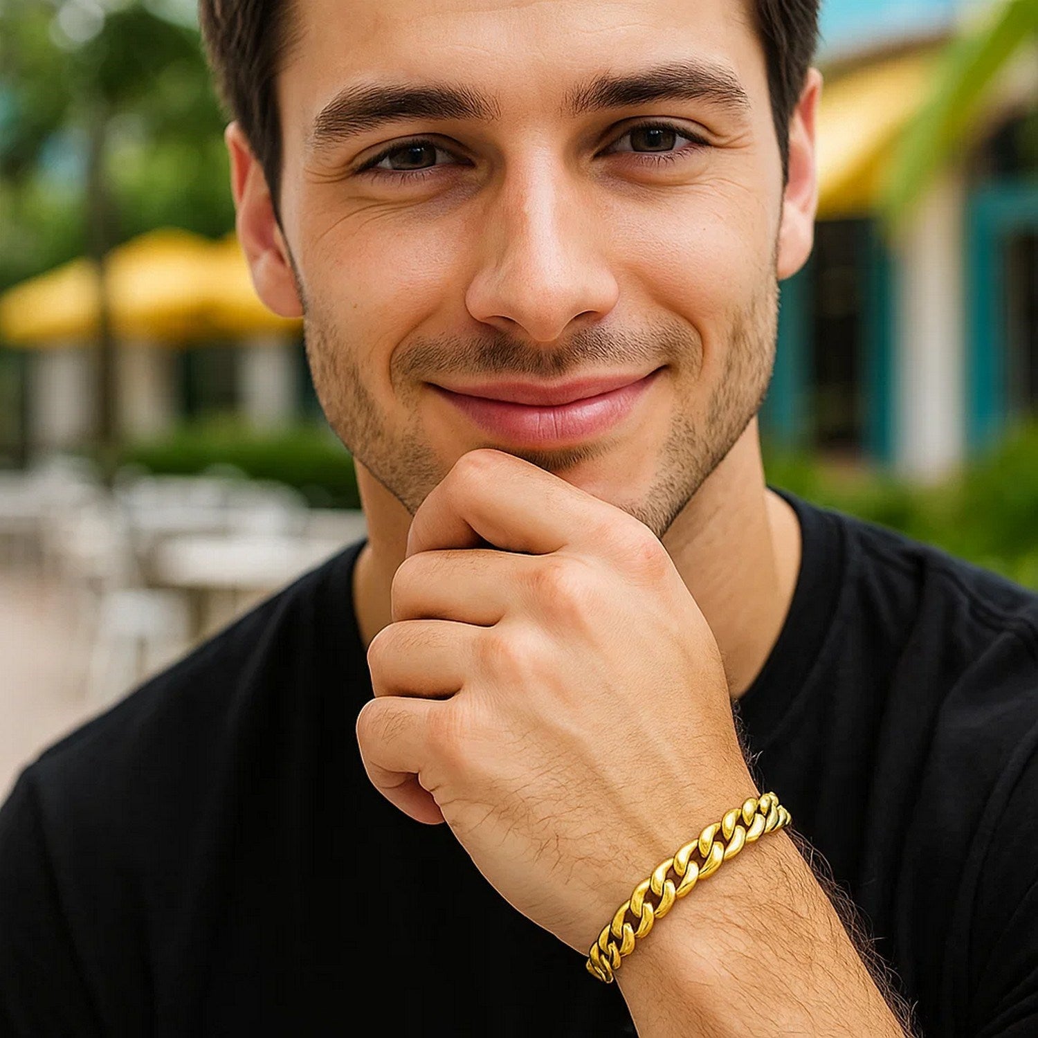 10k yellow gold light Miami Cuban bracelet on a man's wrist.