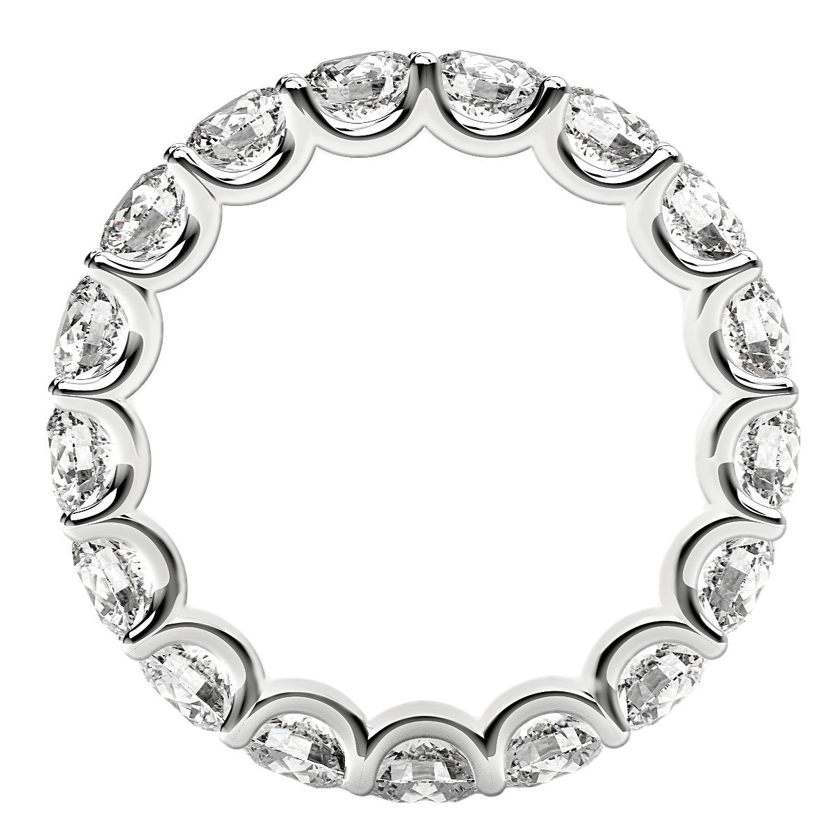Round cut lab grown diamond eternity ring in 14k white gold.