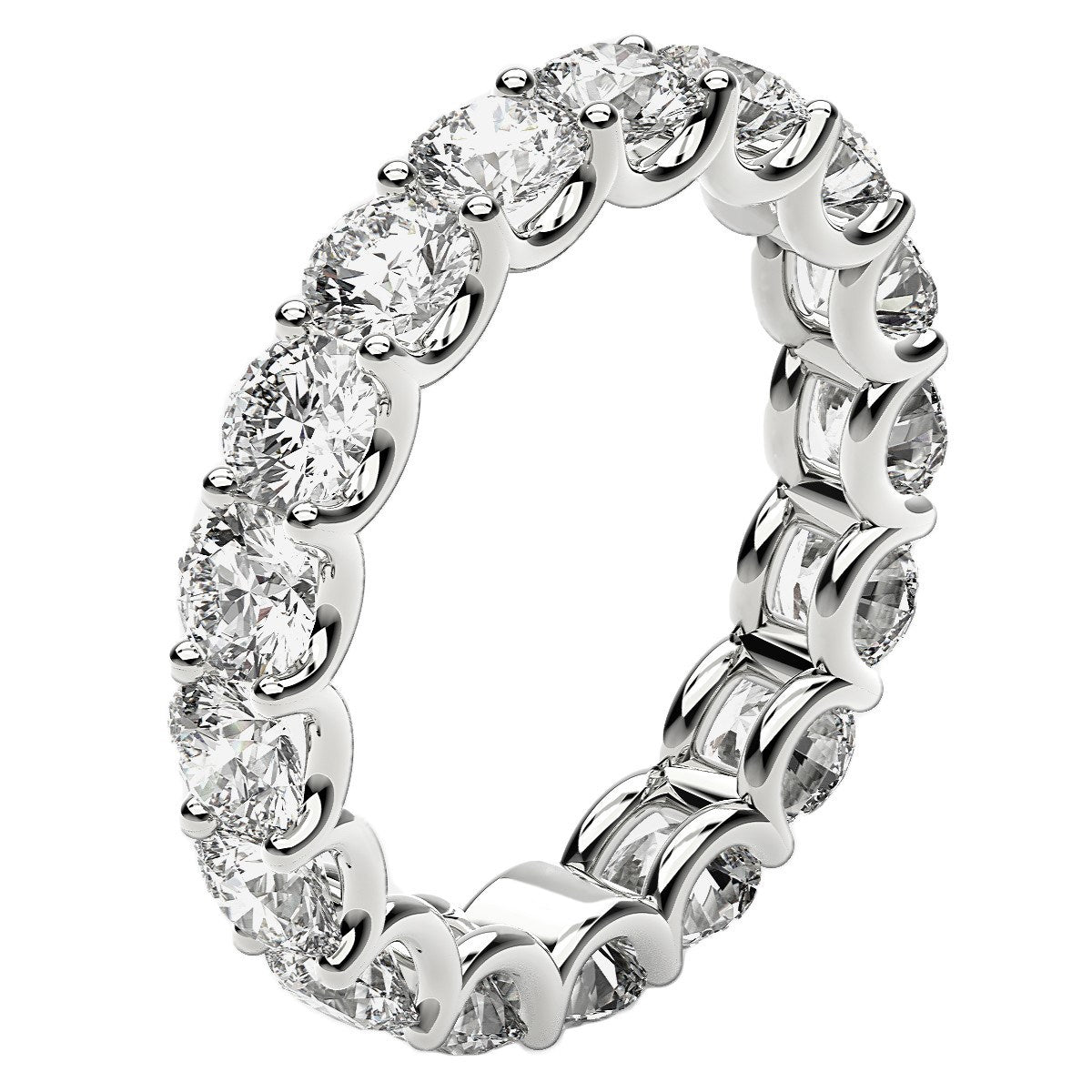 Round cut lab grown diamond eternity ring in 14k white gold.