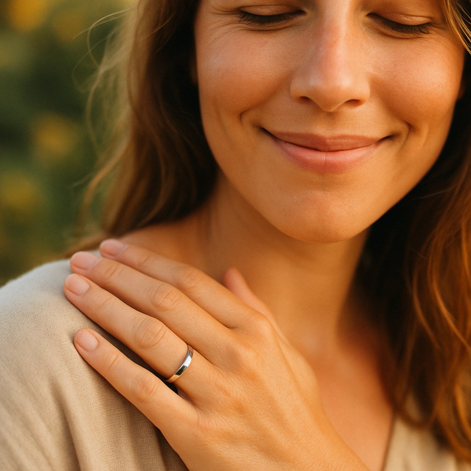 14k white gold comfort fit wedding band on a woman's ring finger.