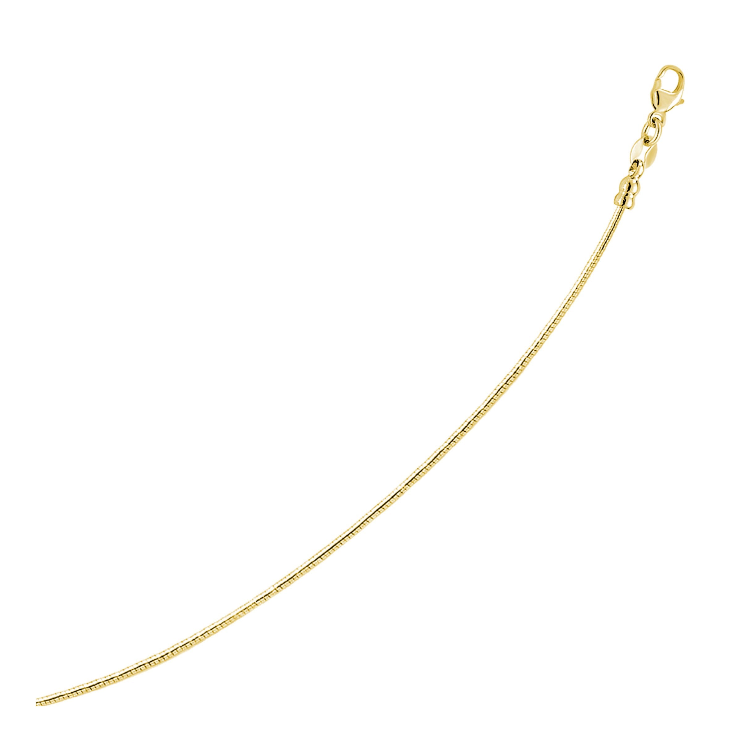 14k yellow gold round omega chain necklace with a lobster clasp.