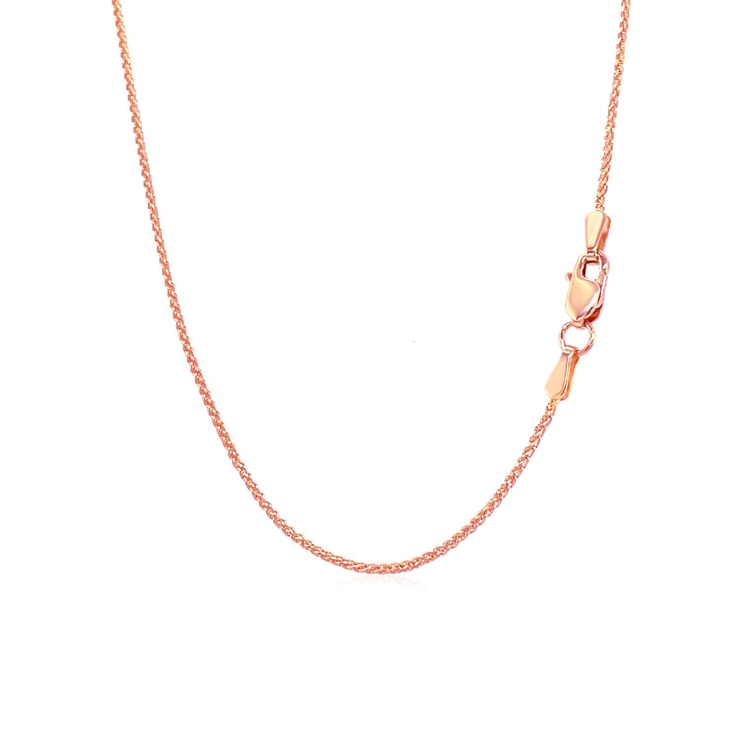 14k rose gold round wheat chain with a lobster clasp.