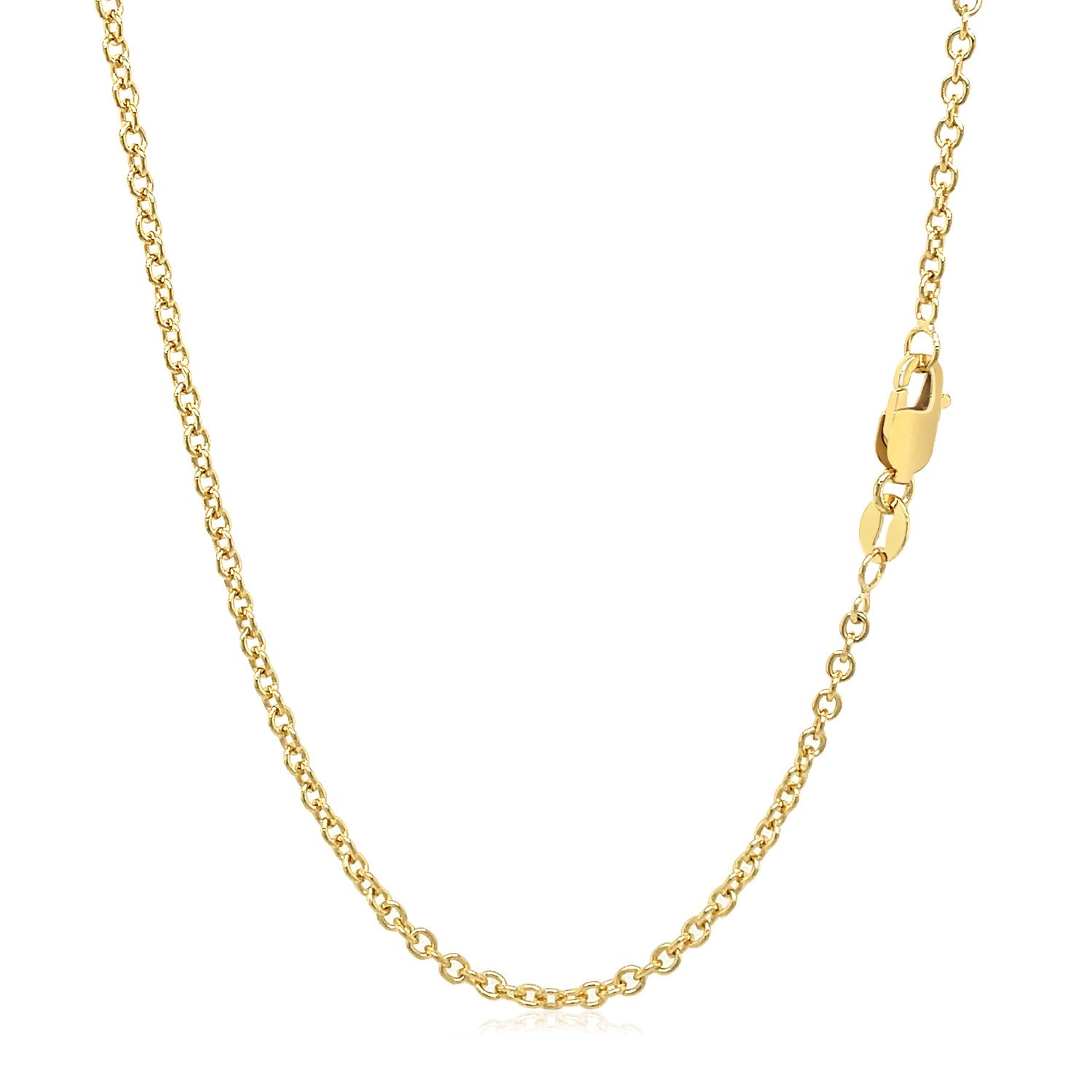 A 14k yellow gold round cable link chain with a lobster clasp.