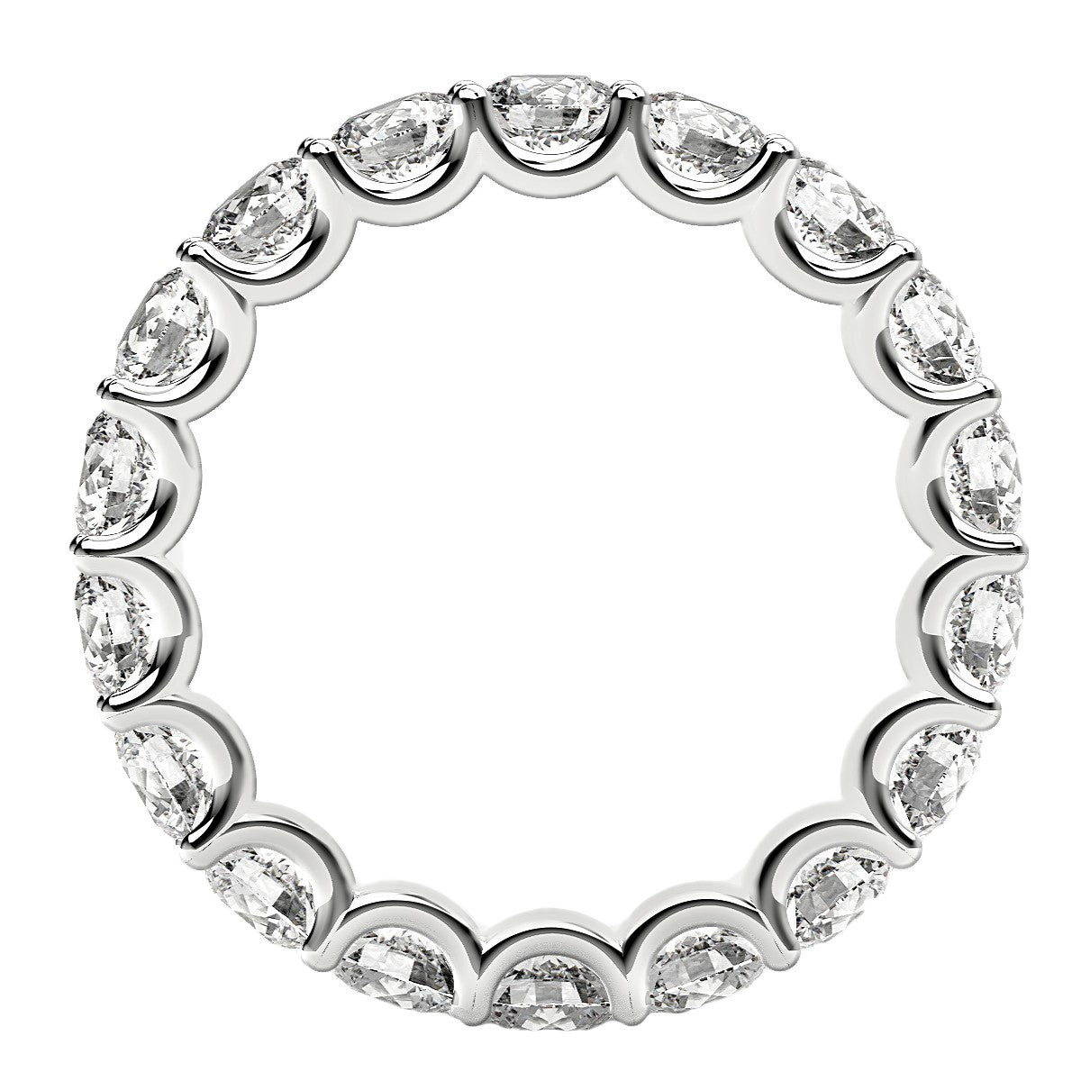 A white gold eternity ring with round lab-grown diamonds set in curved prongs.