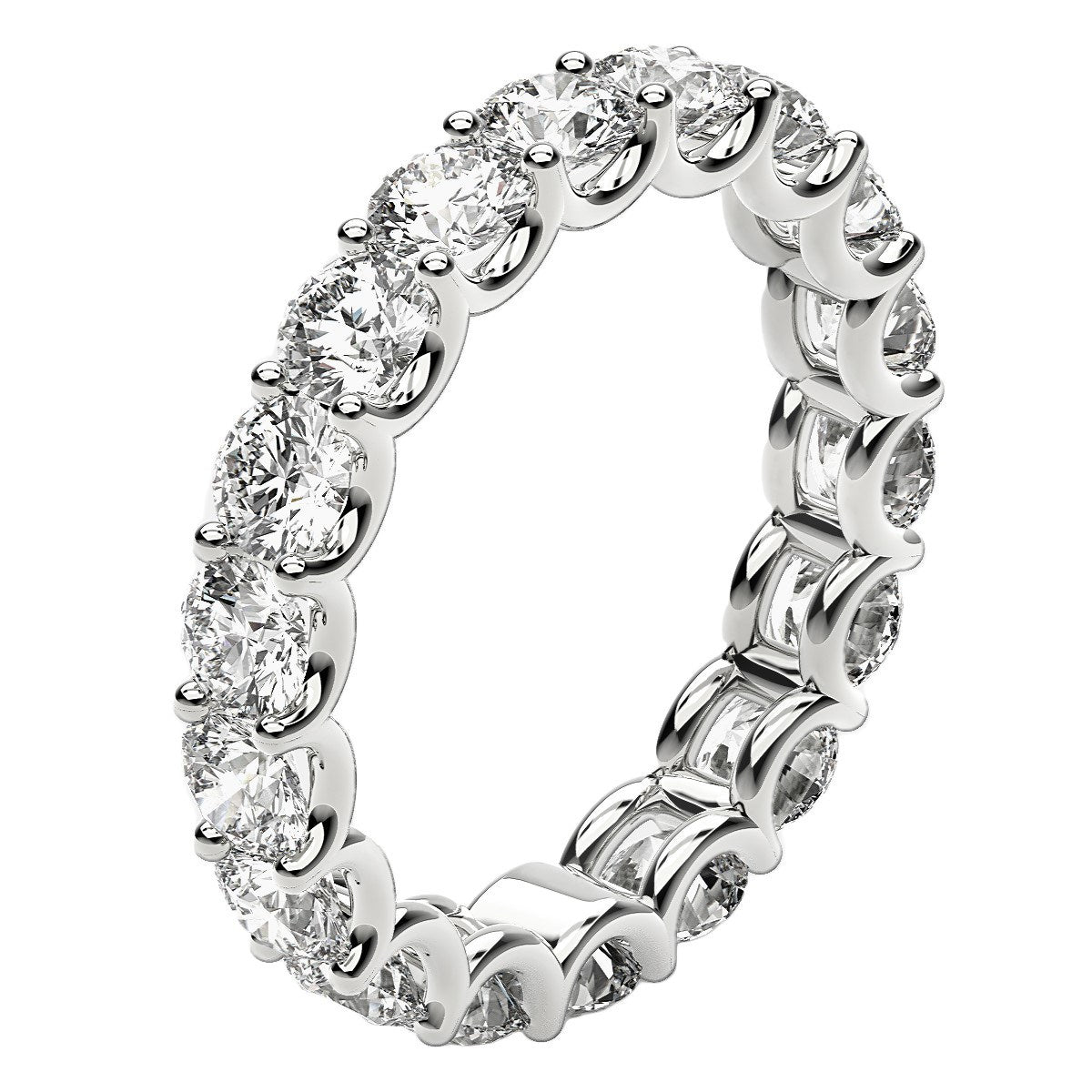 A round cut lab grown diamond eternity ring in 14k white gold.