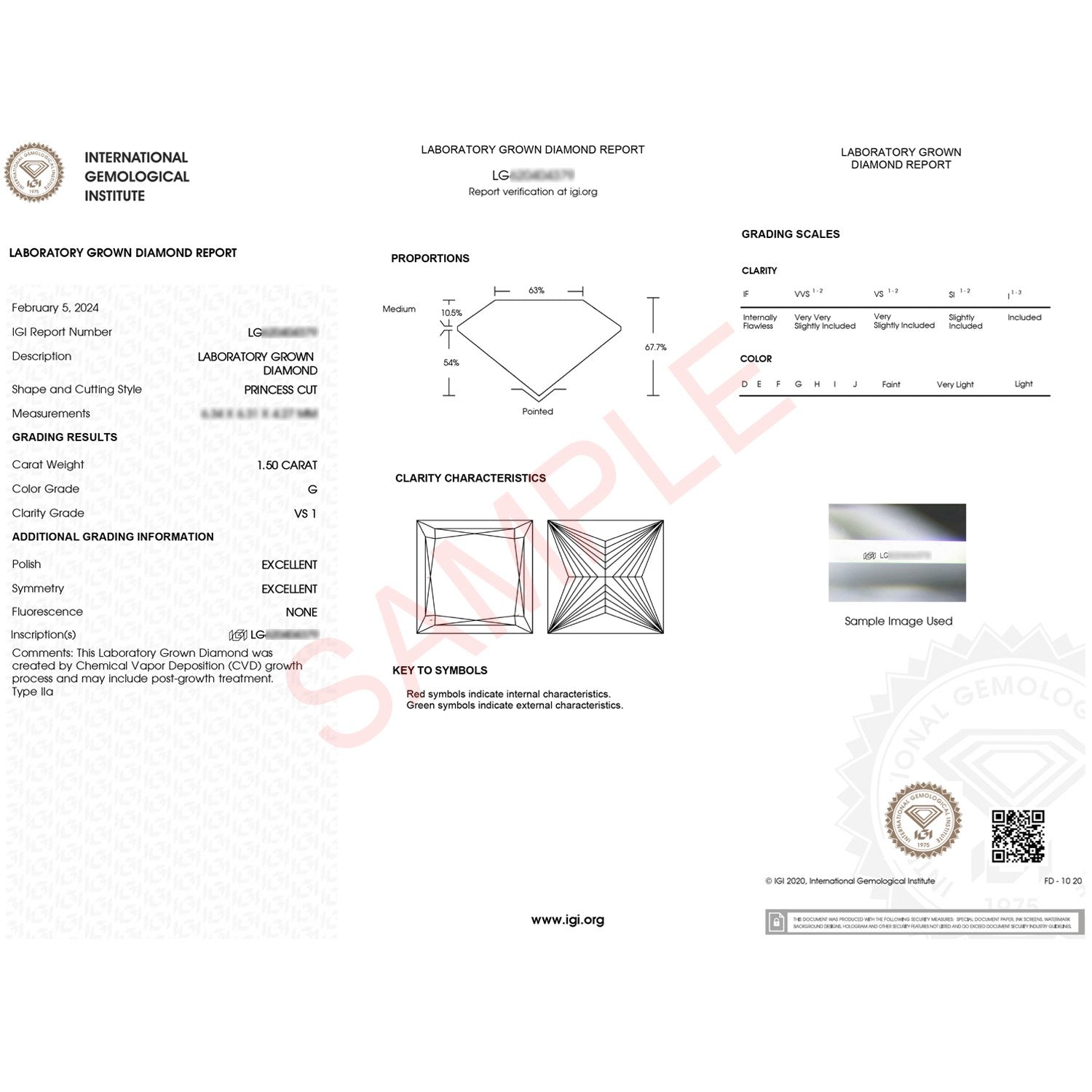 IGI lab-grown diamond report for a 1.50 carat princess cut diamond, G color, VS1 clarity.