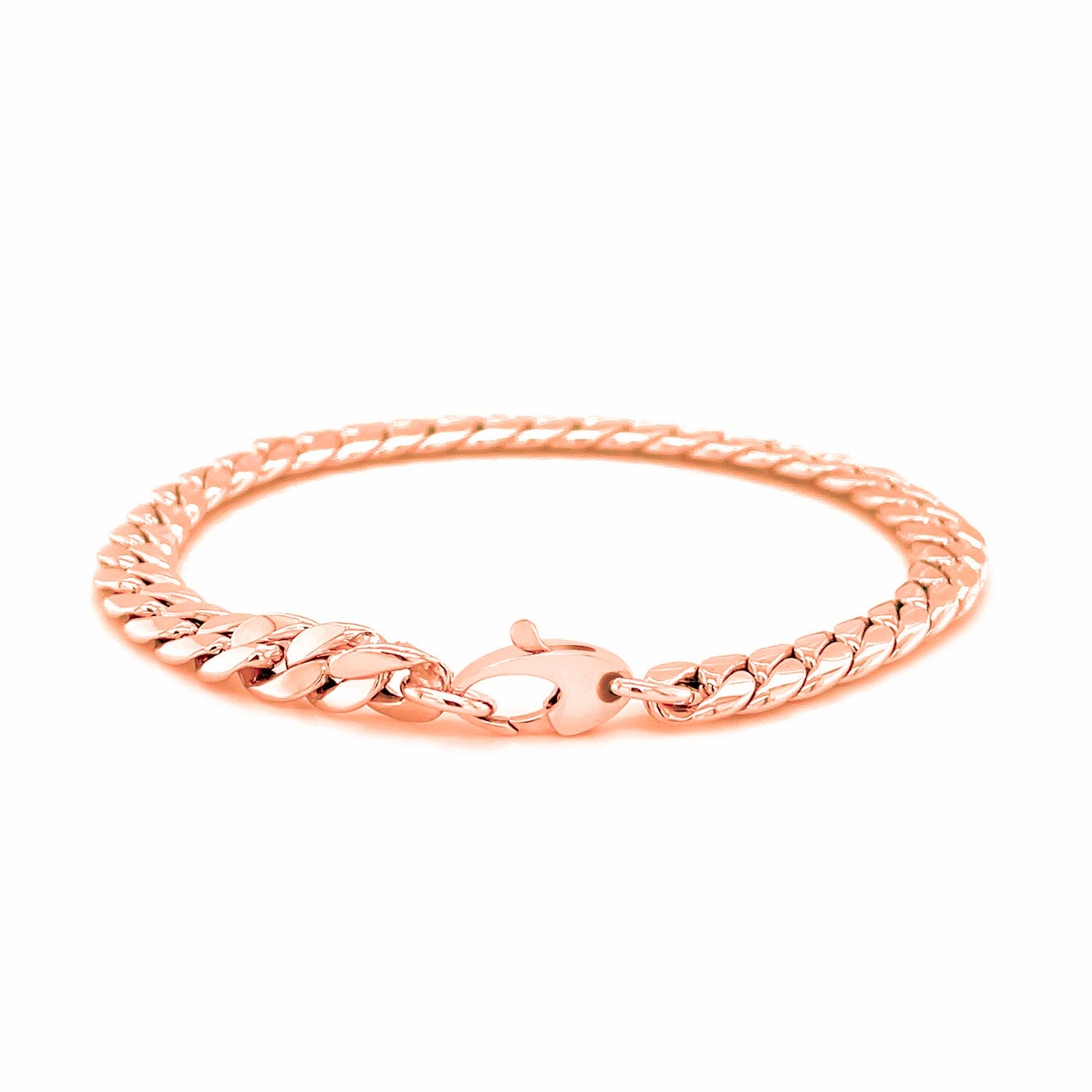 A 14K rose gold Cuban link bracelet with a lobster clasp.