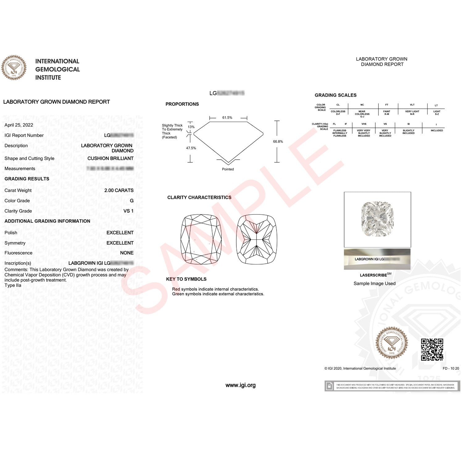 An IGI lab-grown diamond report for a 2 carat cushion brilliant diamond.
