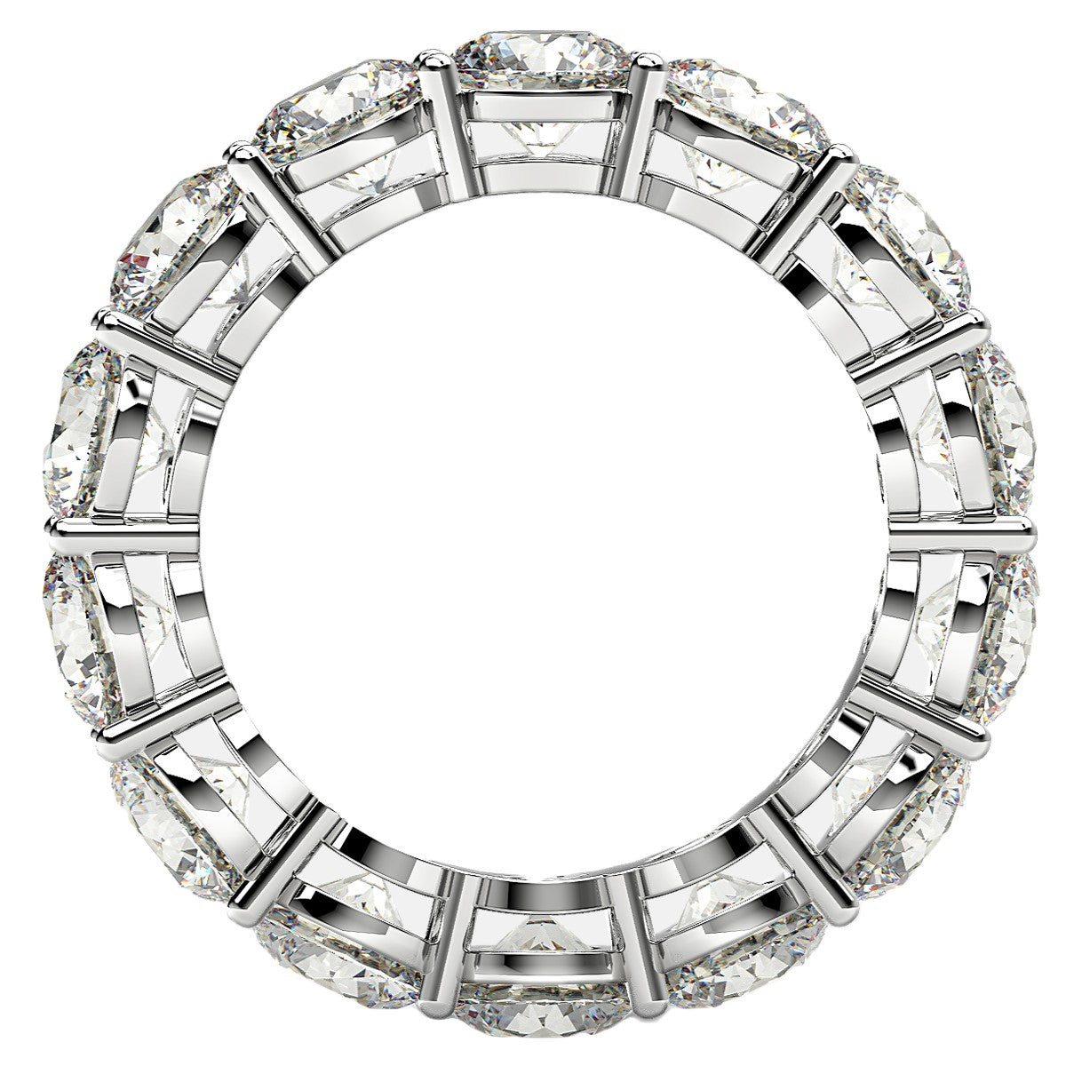 Round cut lab grown diamond eternity ring in 14k white gold.