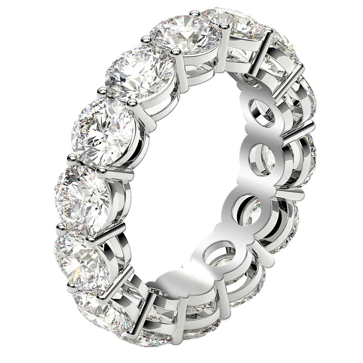 A round cut lab grown diamond eternity ring in 14k white gold.