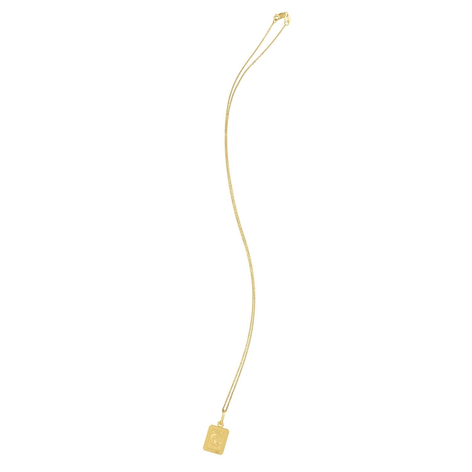 14K yellow gold moon and stars rectangular pendant necklace with an 18-inch chain.