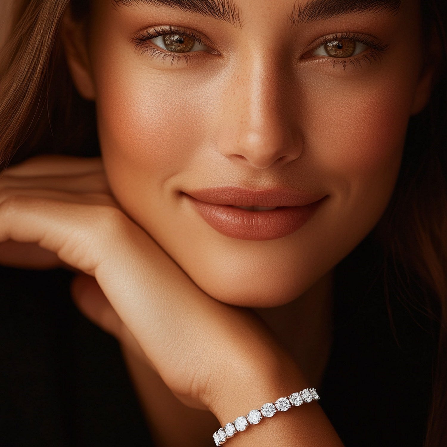 A woman wearing a lab grown round diamond tennis bracelet in 14k white gold.