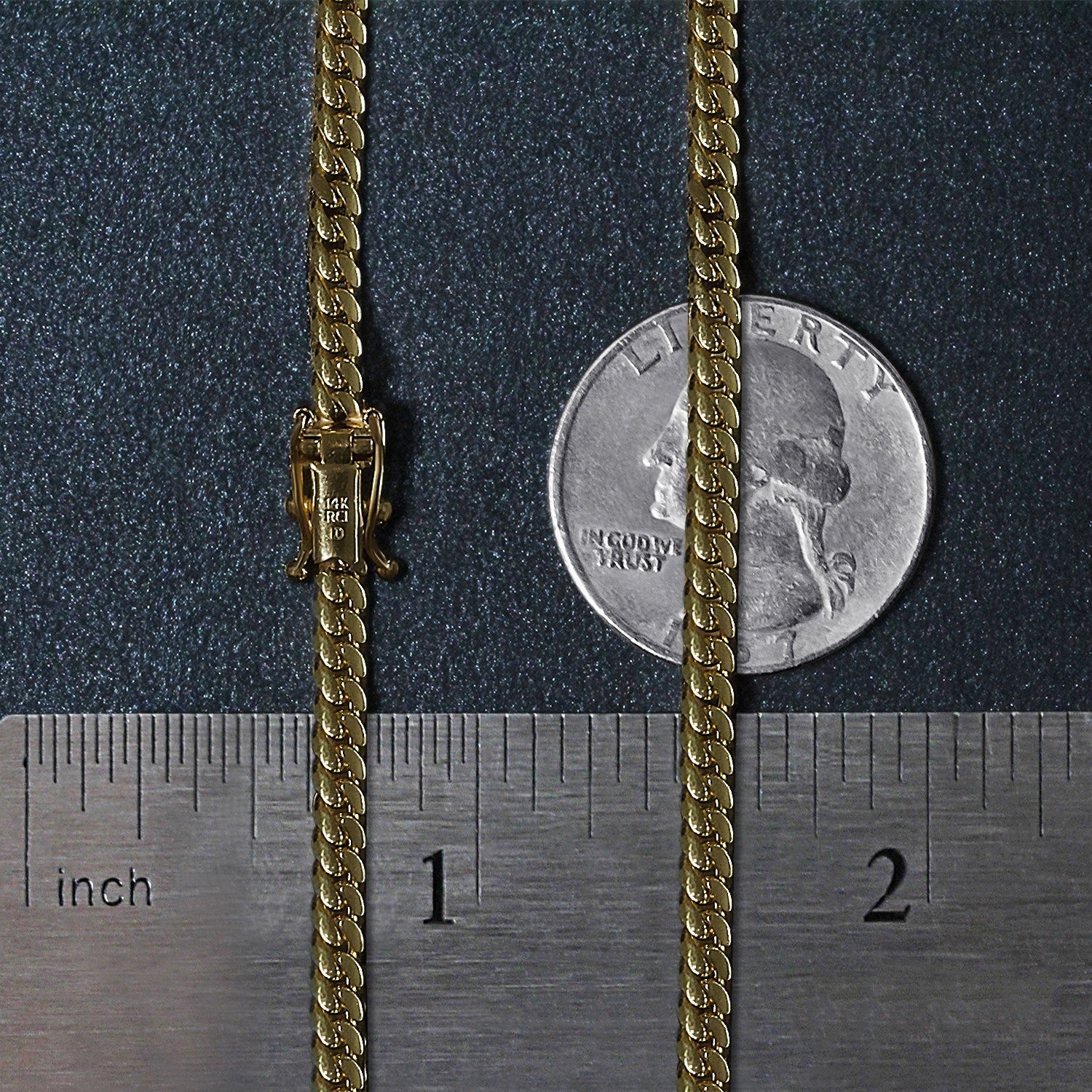 A 10k yellow gold solid Miami Cuban chain with a box clasp, measuring 3.2mm wide.