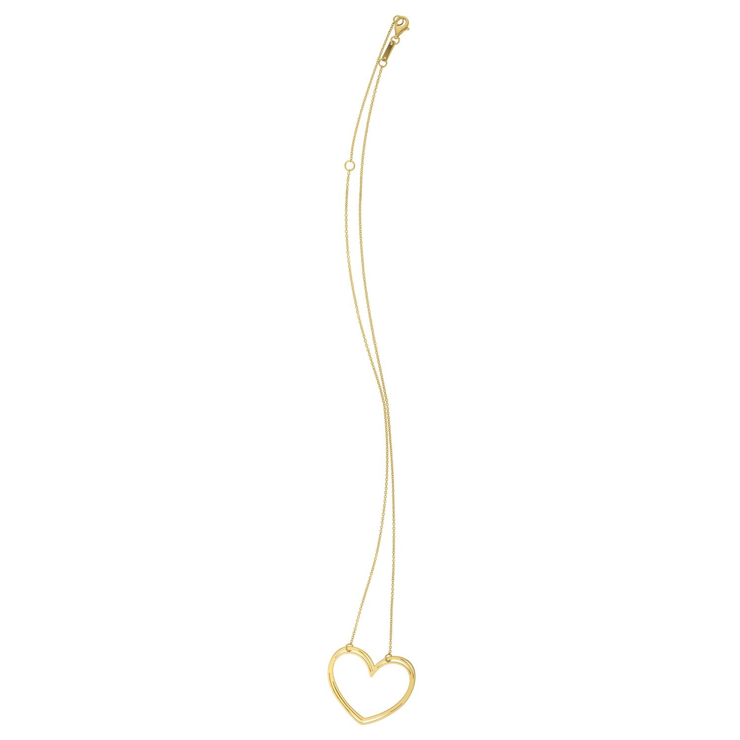 A 14K yellow gold necklace with a large open heart pendant and a lobster clasp.