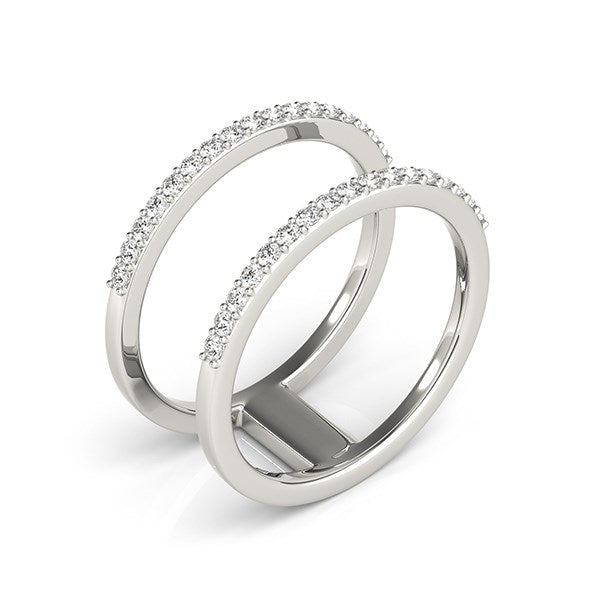 14k white gold dual band ring with prong-set round diamonds.