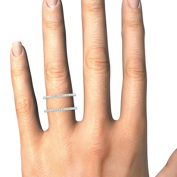 14k white gold dual band ring with 34 prong-set round diamonds on a hand.