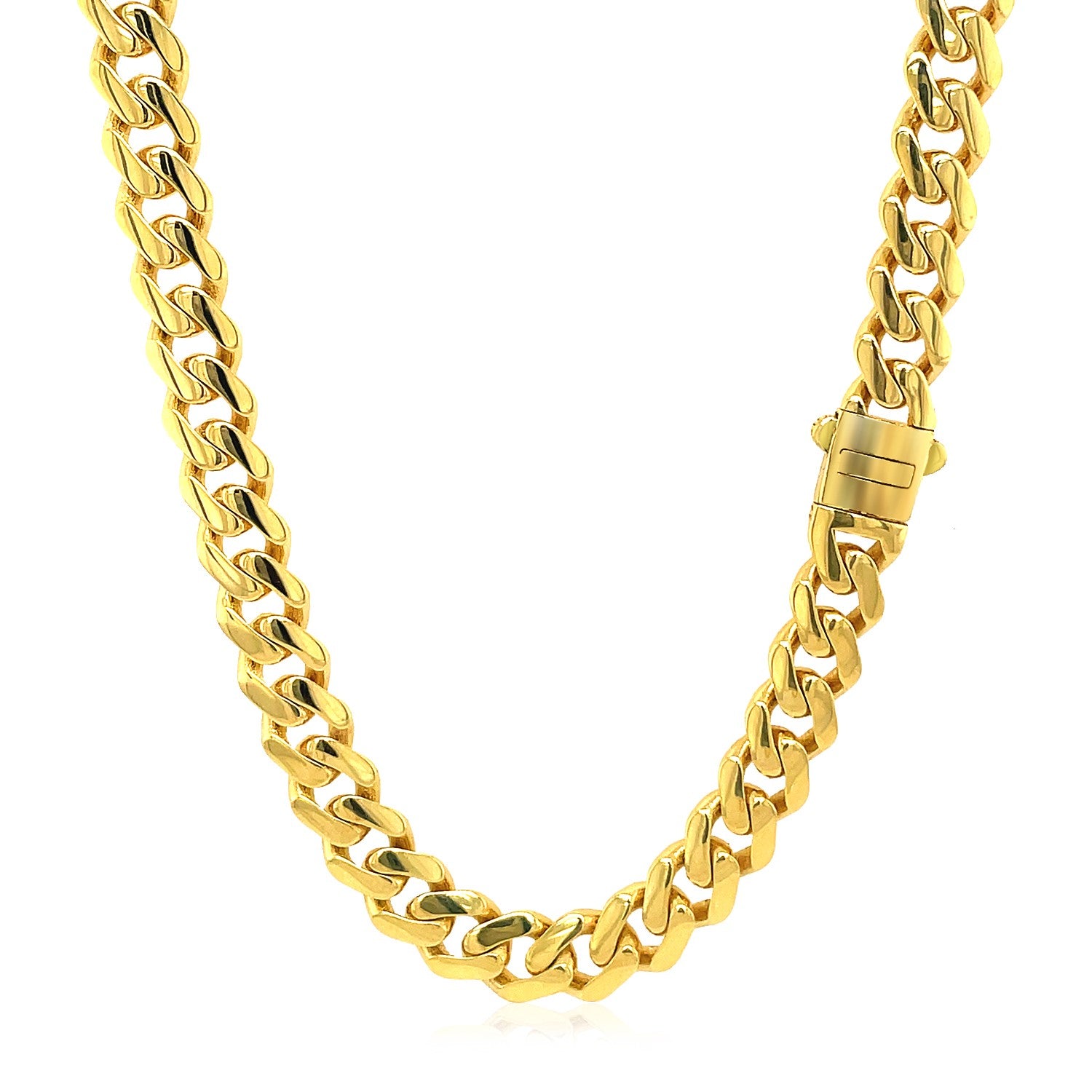 14k yellow gold polished Miami Cuban chain necklace with a box clasp.