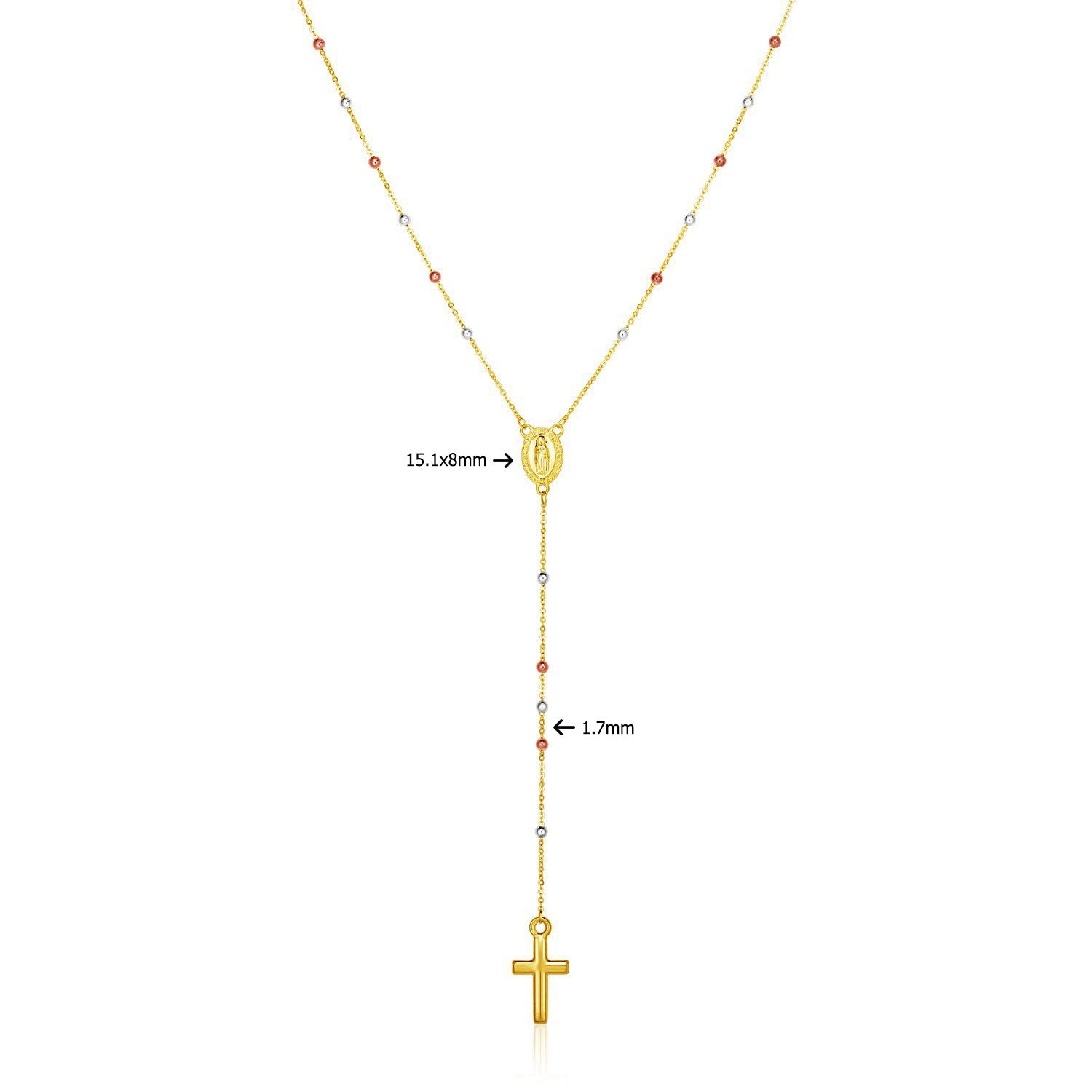 14k tri-color gold lariat rosary necklace with a cross and Virgin Mary pendant.