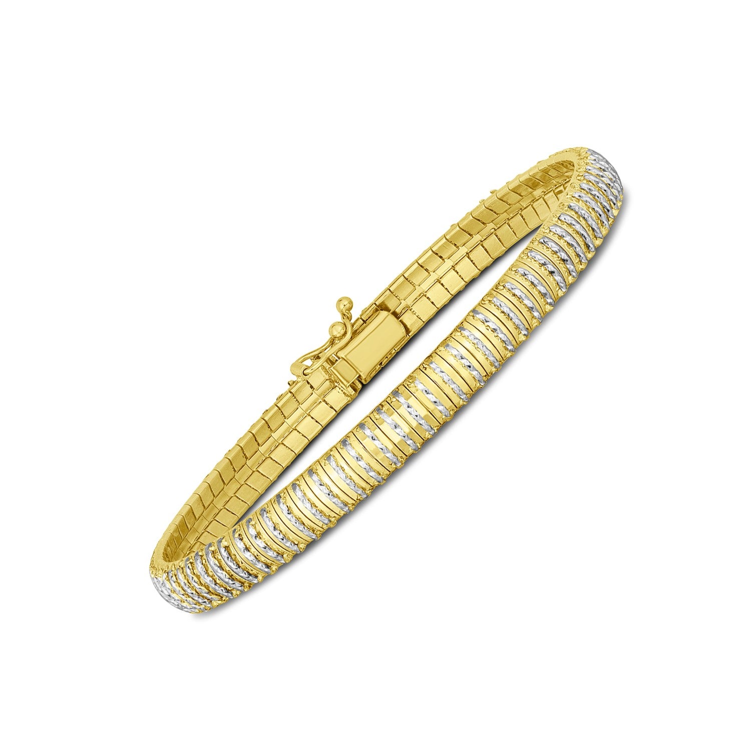 14k yellow gold flex bracelet with alternating polished and textured bands.