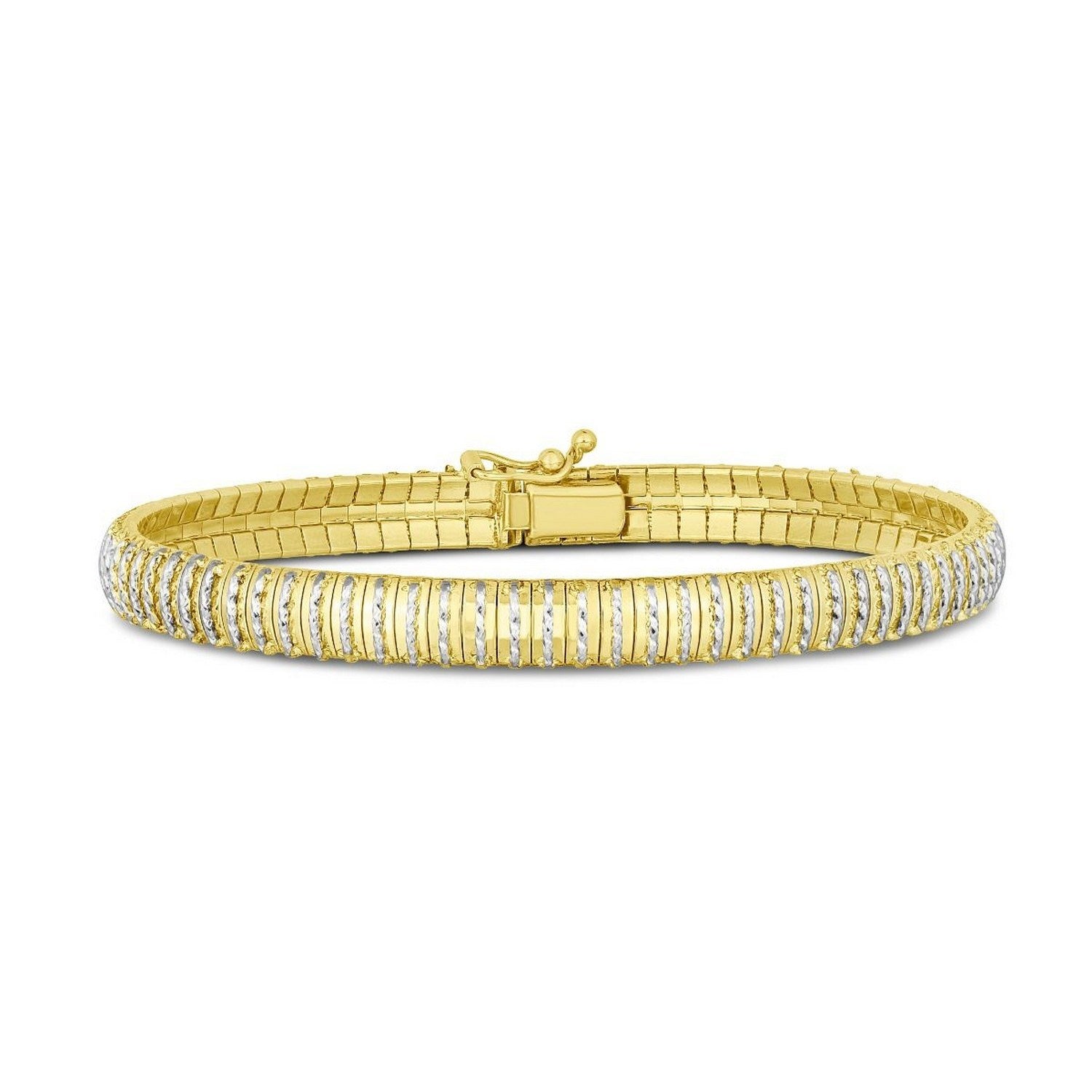 14k yellow gold flex bracelet with a textured, two-tone design and a box clasp.