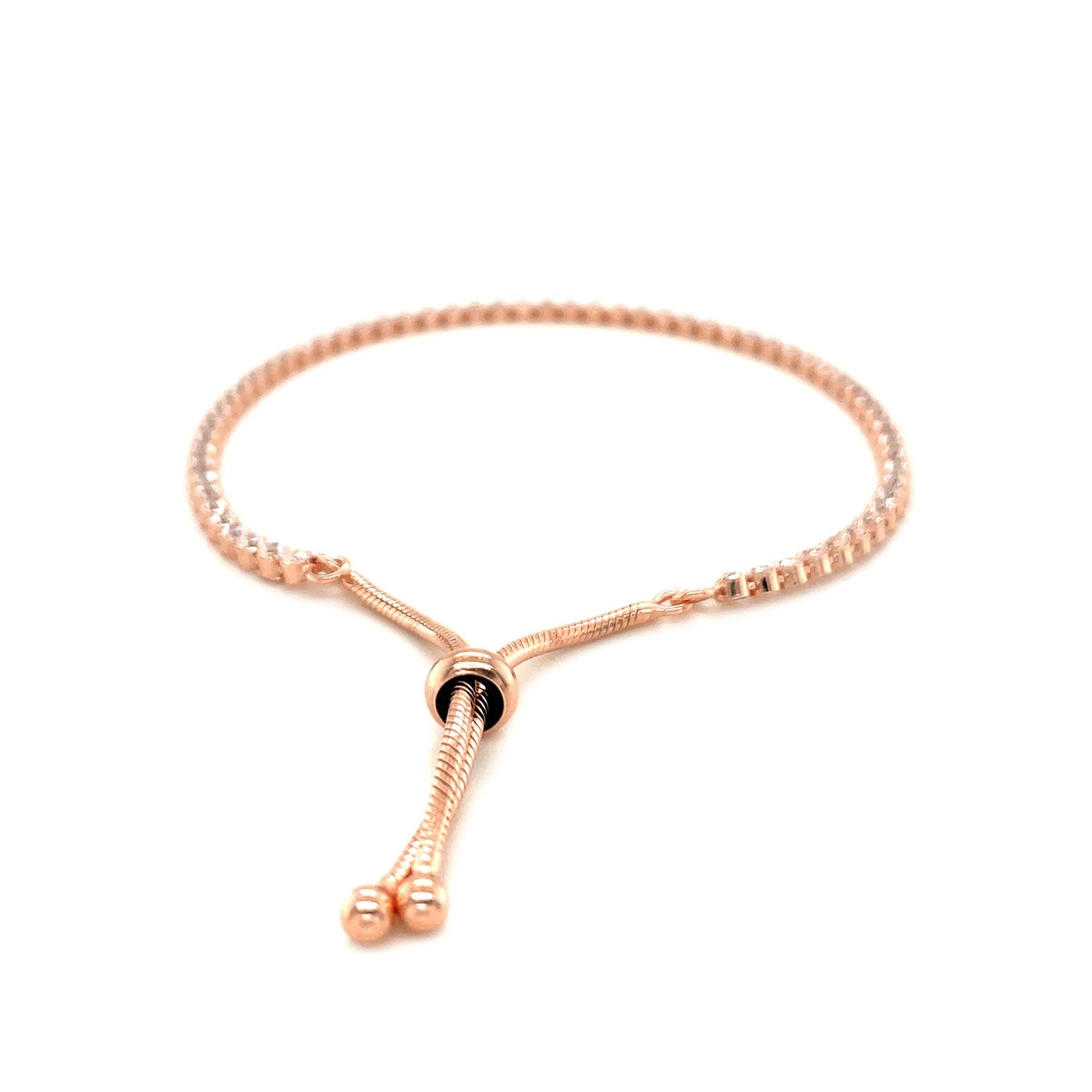 Adjustable rose gold-toned tennis bracelet with cubic zirconia and a drawstring clasp.