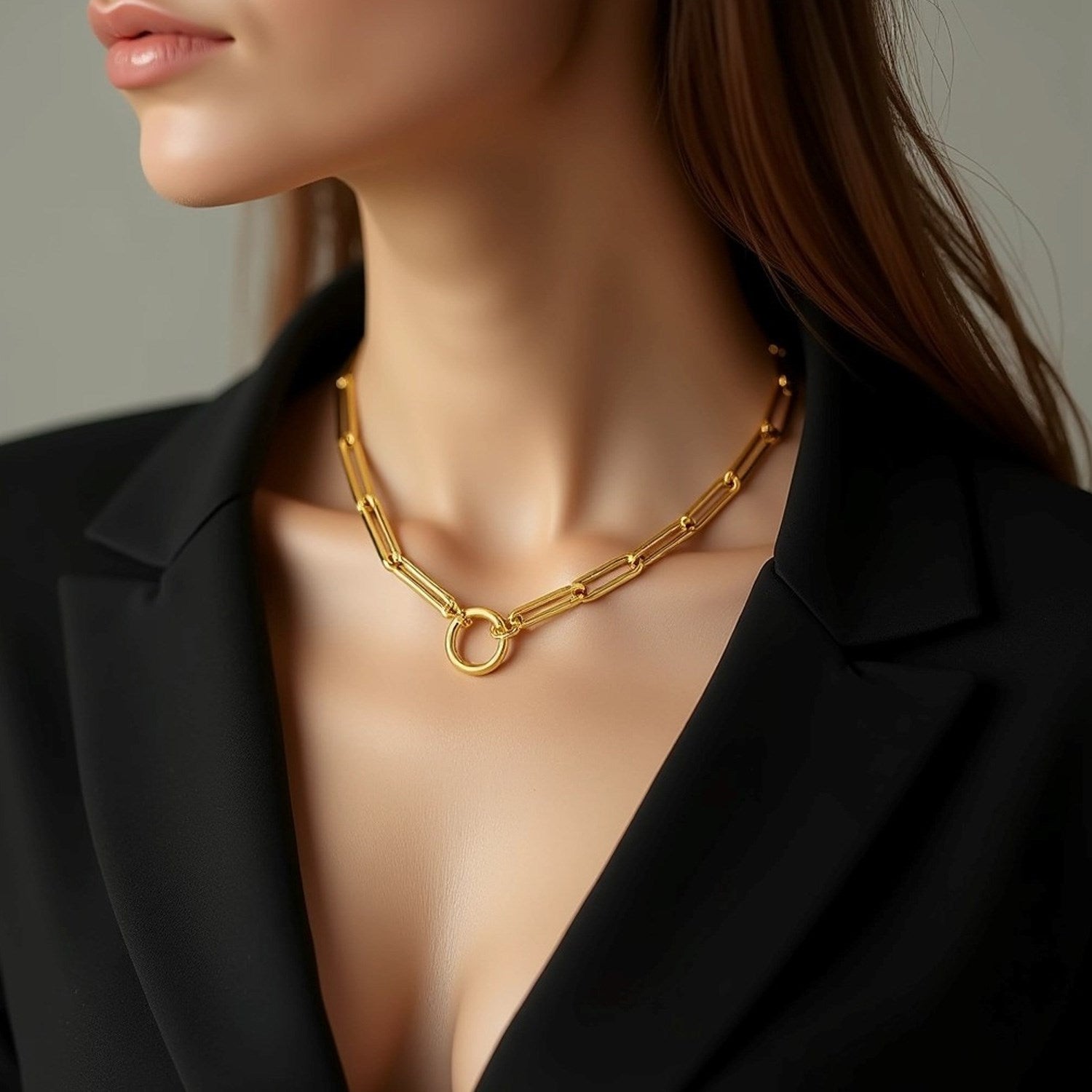 14k yellow gold high polish elongated paperclip chain circle necklace on a person.
