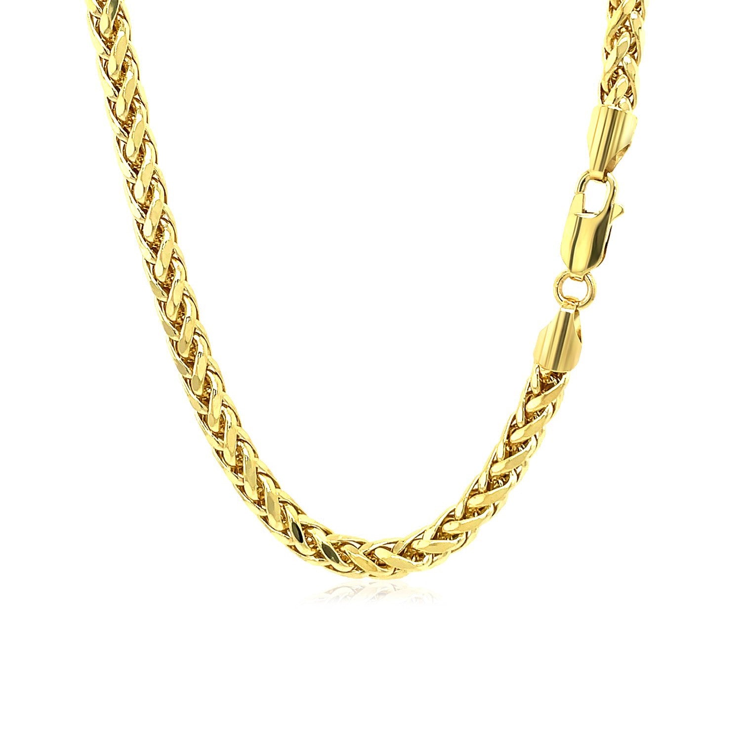 A 4.1mm 14k yellow gold diamond cut round Franco chain with a lobster clasp.