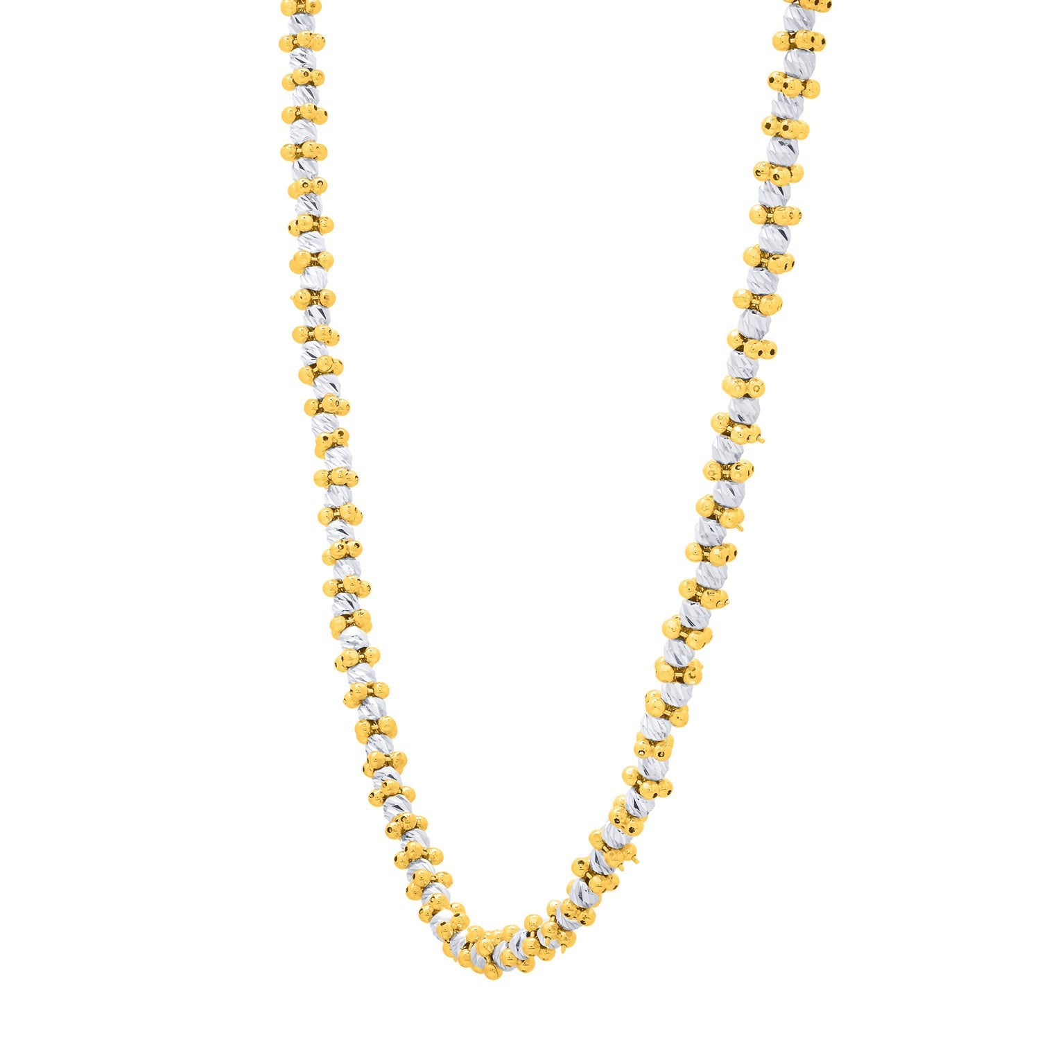 A two-tone 14K gold necklace with alternating smooth gold and textured silver beads.