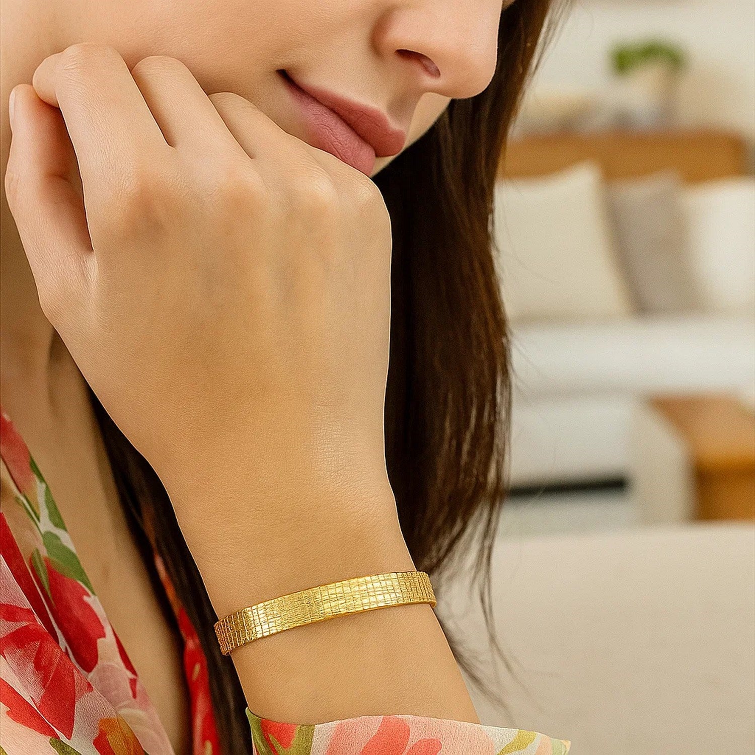 14K yellow gold Glacier bracelet with an 8mm wide diamond-cut textured design.