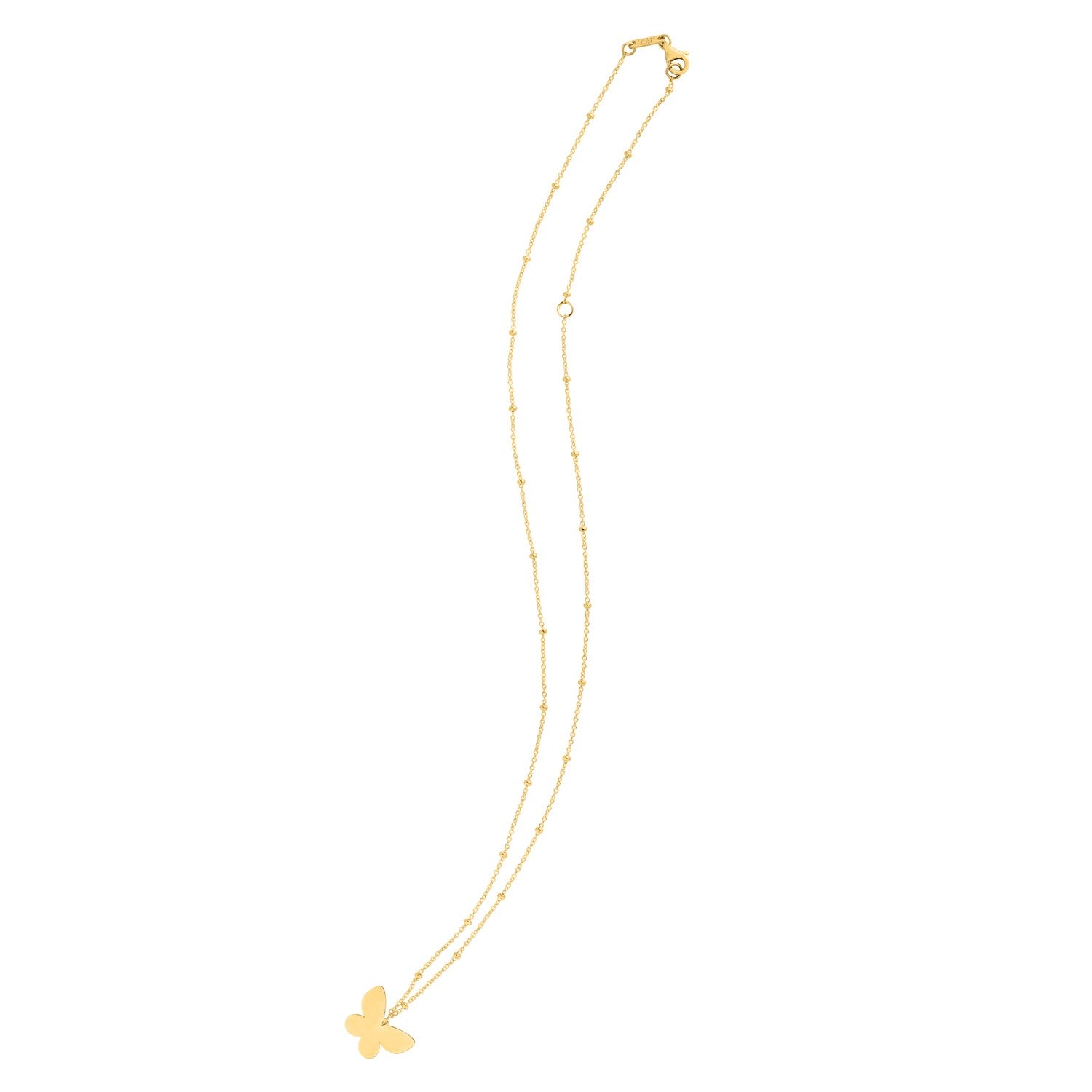 14k yellow gold necklace with a butterfly pendant and a lobster clasp.