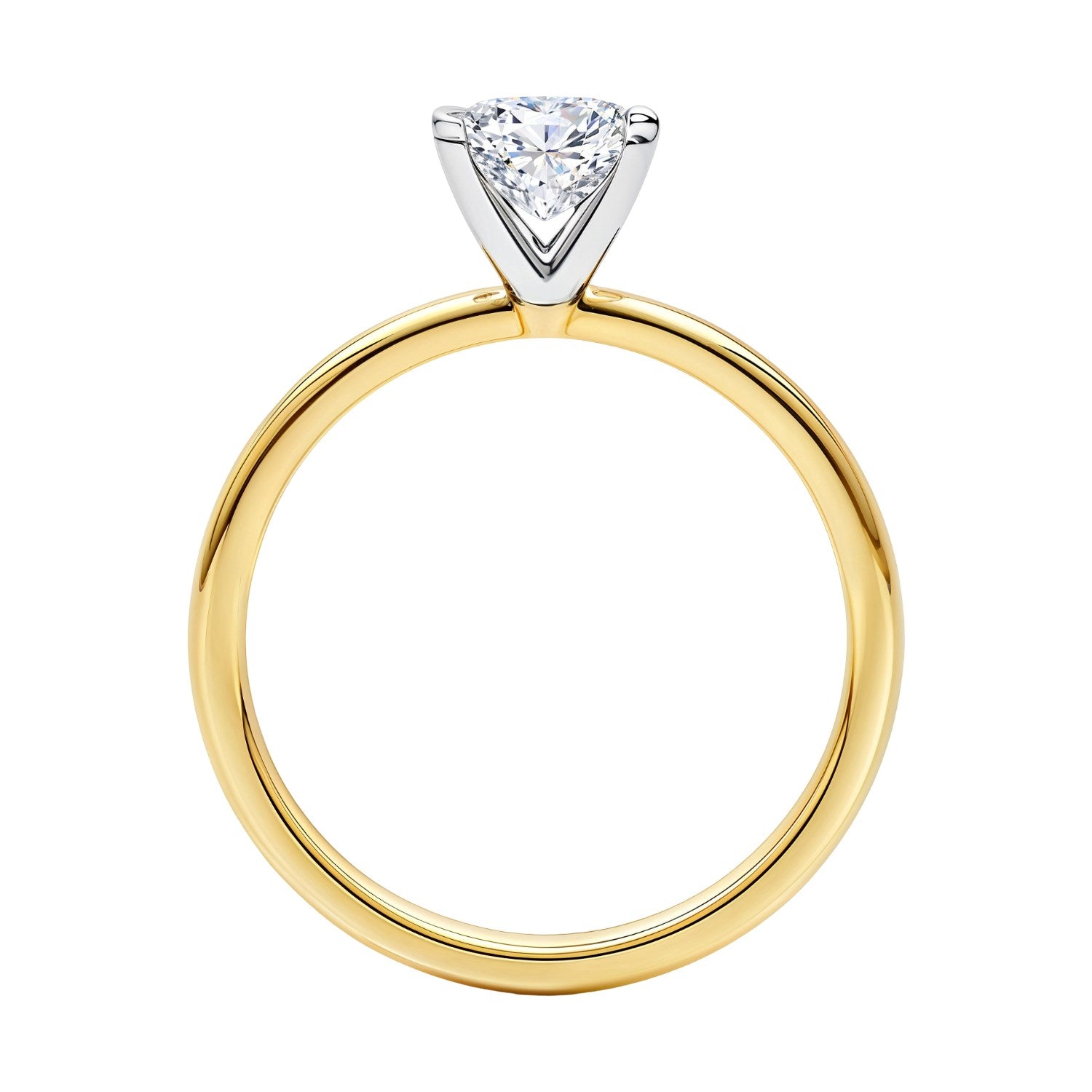 A princess-cut diamond solitaire ring with a white gold setting on a yellow gold band.