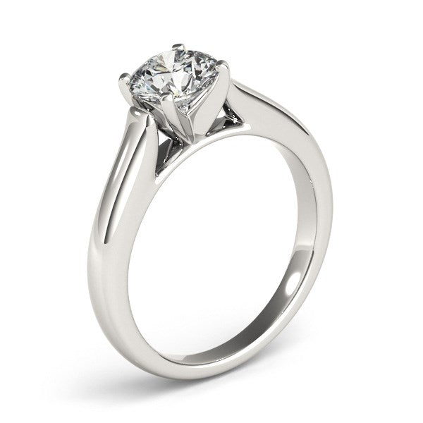 14k white gold cathedral design solitaire diamond engagement ring with a round diamond.