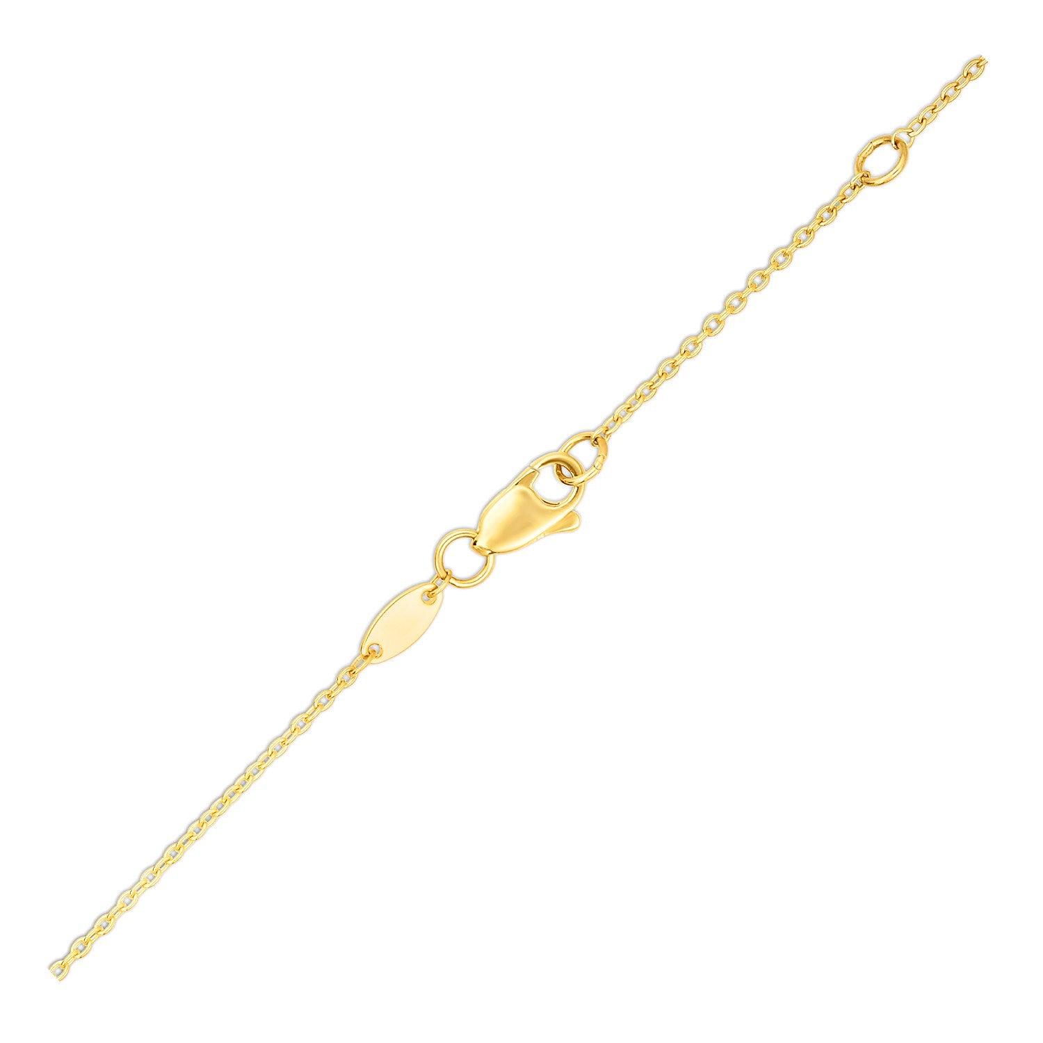 A yellow gold chain necklace with a lobster clasp and an extender.